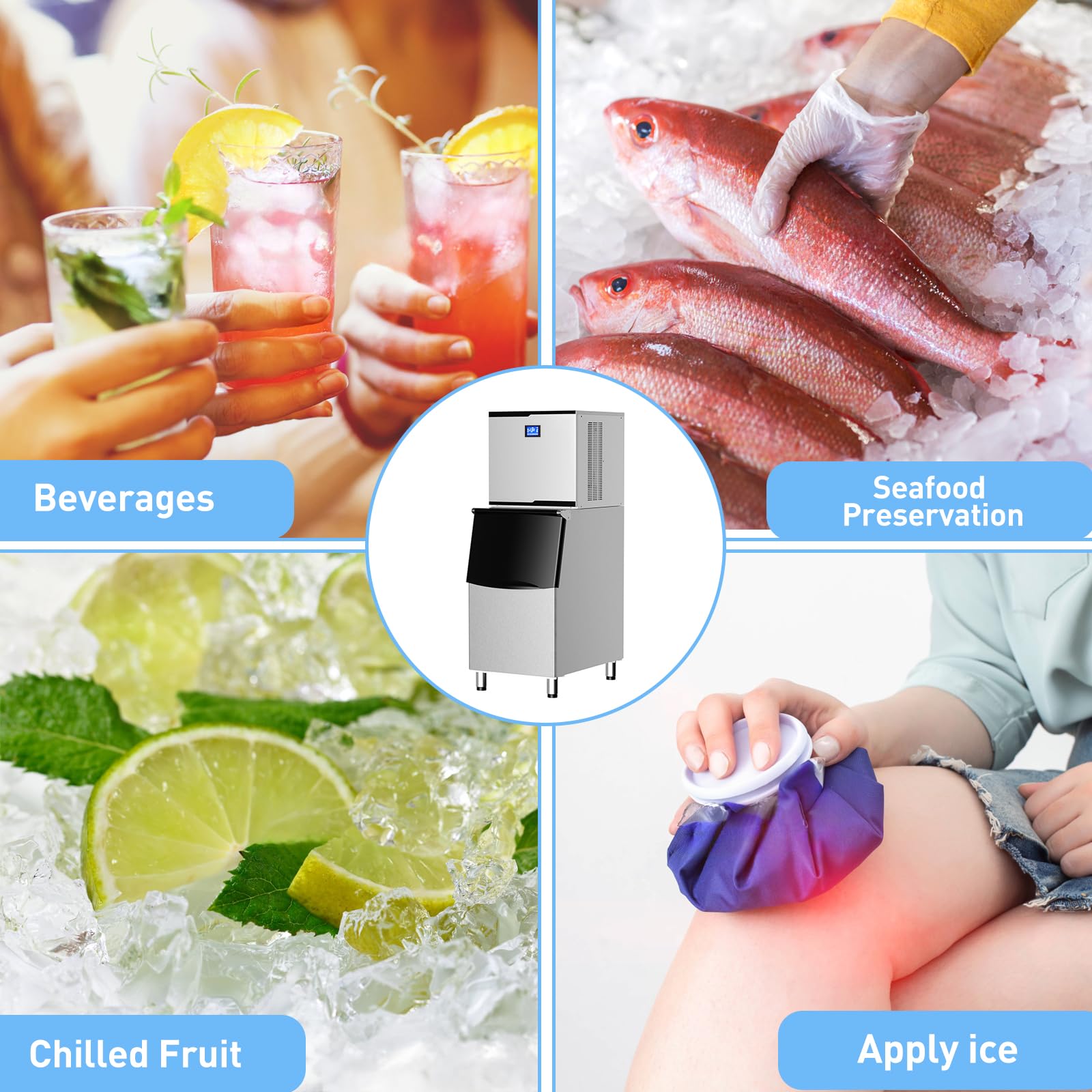 Commercial Ice Maker Machine 550 LBS/24H - Industrial Ice Machine with 350LBS Storage Bin, Fast Ice Production in 8-15 Mins, Stainless Steel Construction - Perfect for Bars, Cafes, Restaurants, Hotels, and Catering Services