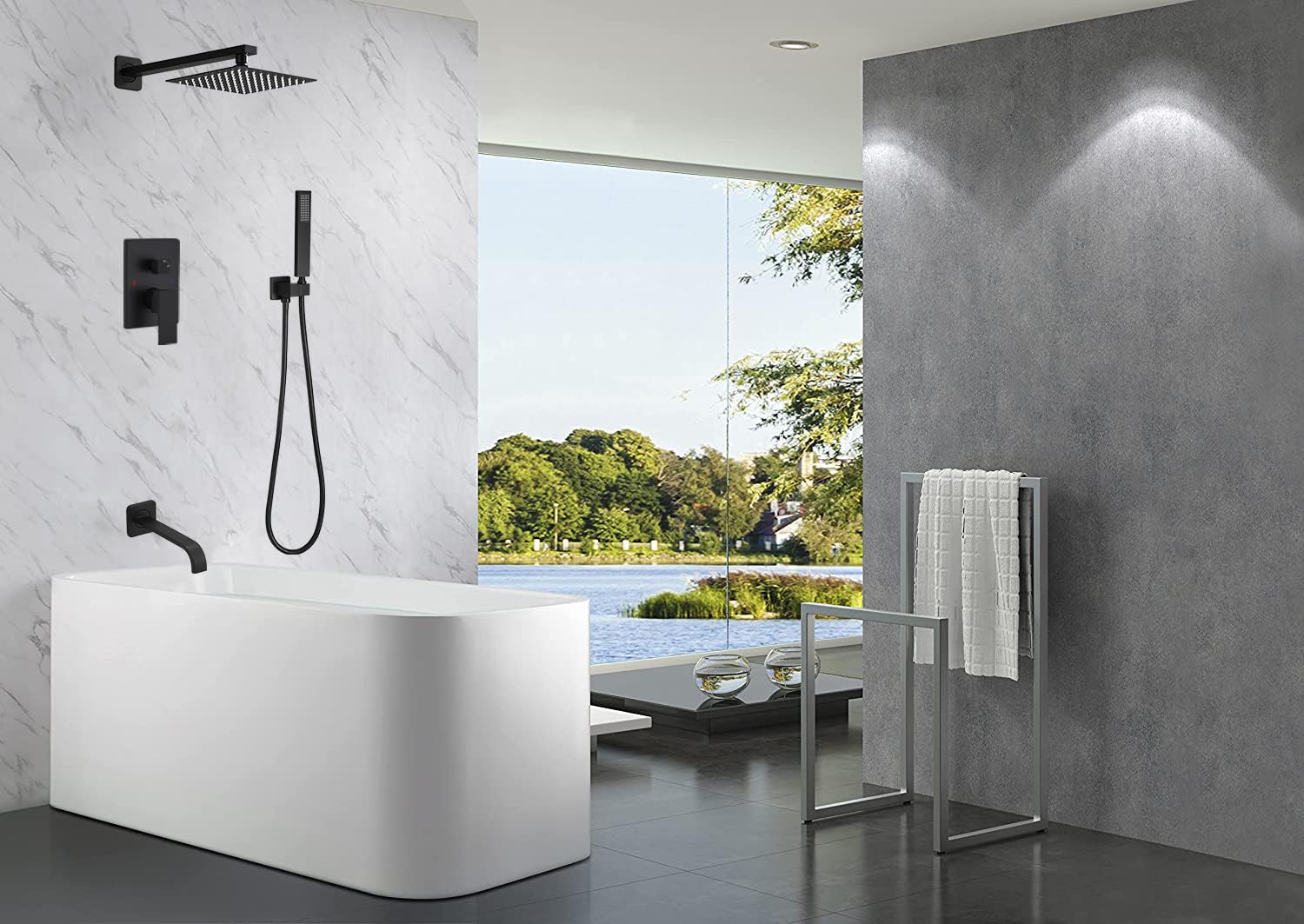 Premium Matte Black Shower System - Wall Mounted Tub Faucet with 10
