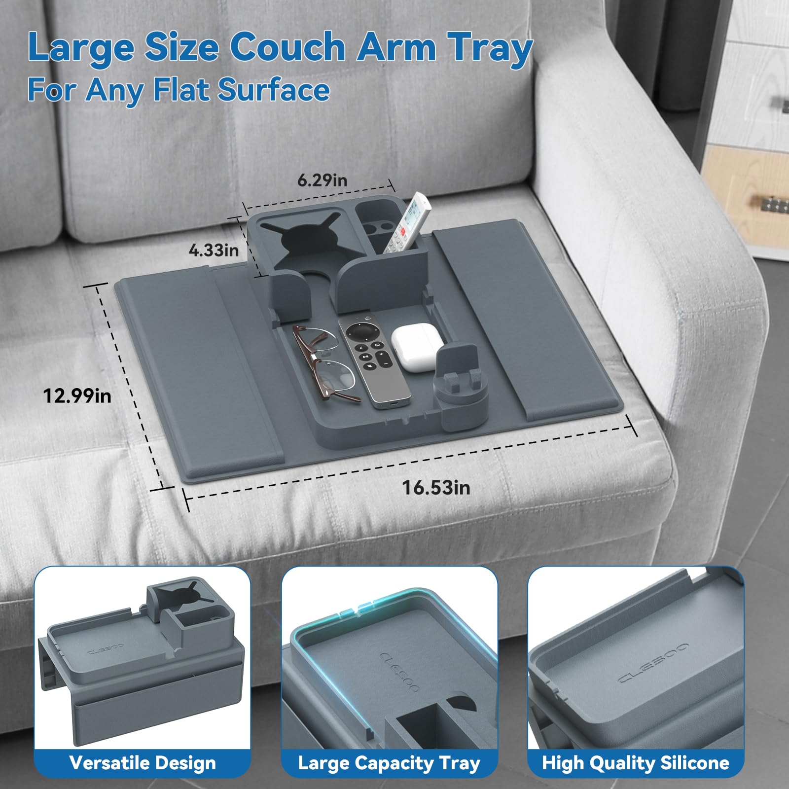 CLESOO Anti-Slip Silicone Couch Armrest Cup Holder with Dual Side Pockets - Sofa Drink Tray, Snack Caddy & Phone Holder for Recliners (Blue) | Perfect for Movie Nights, Gaming Sessions & Relaxing on Your Couch