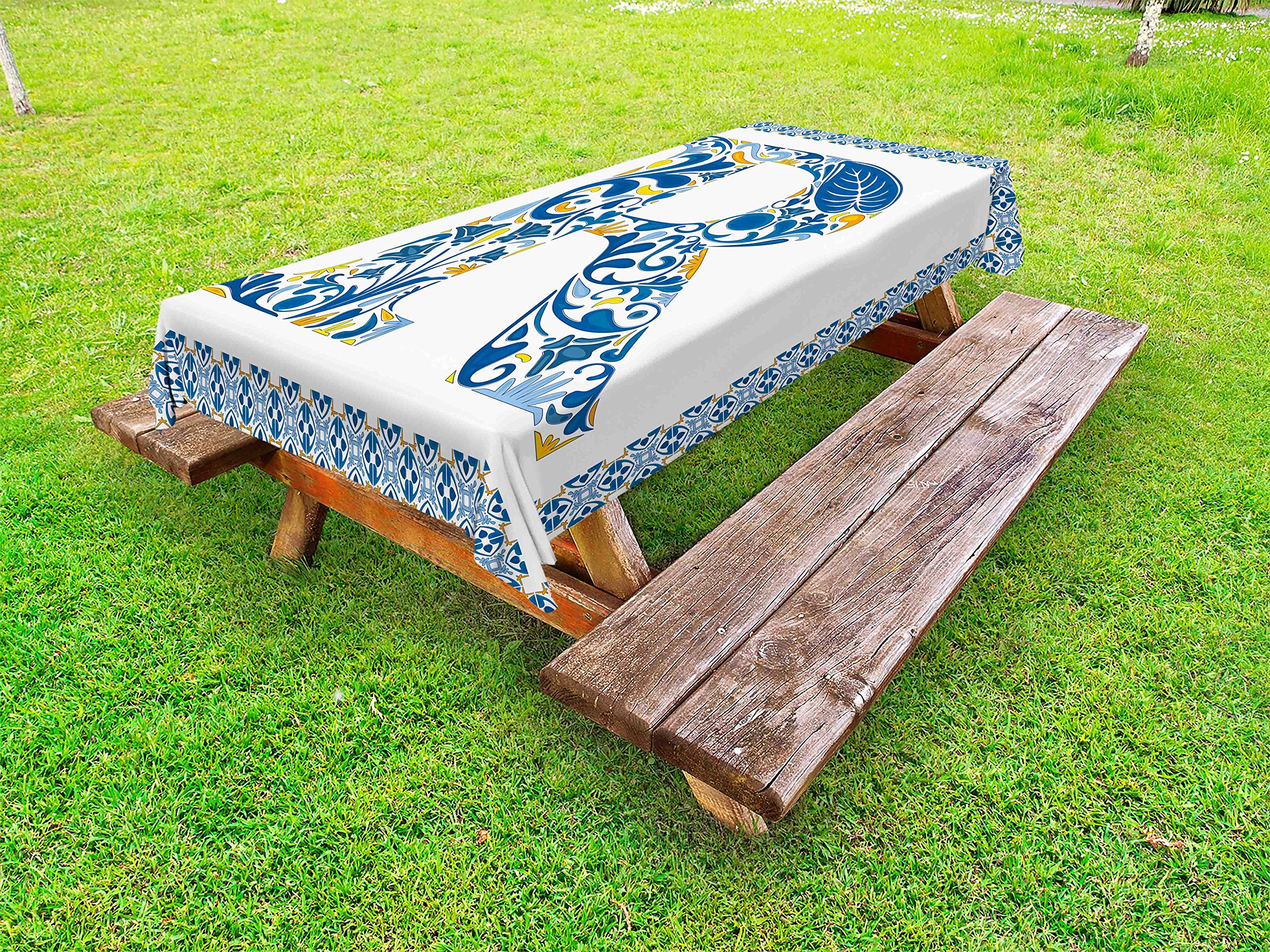 Ambesonne Vintage Letter R Tablecloth - Curly Blossoms & Traditional Tile Design, Washable Outdoor Picnic Table Cover, 58x104 Inches, Blue Yellow Orange - Perfect for Garden Parties, BBQs, and Picnics