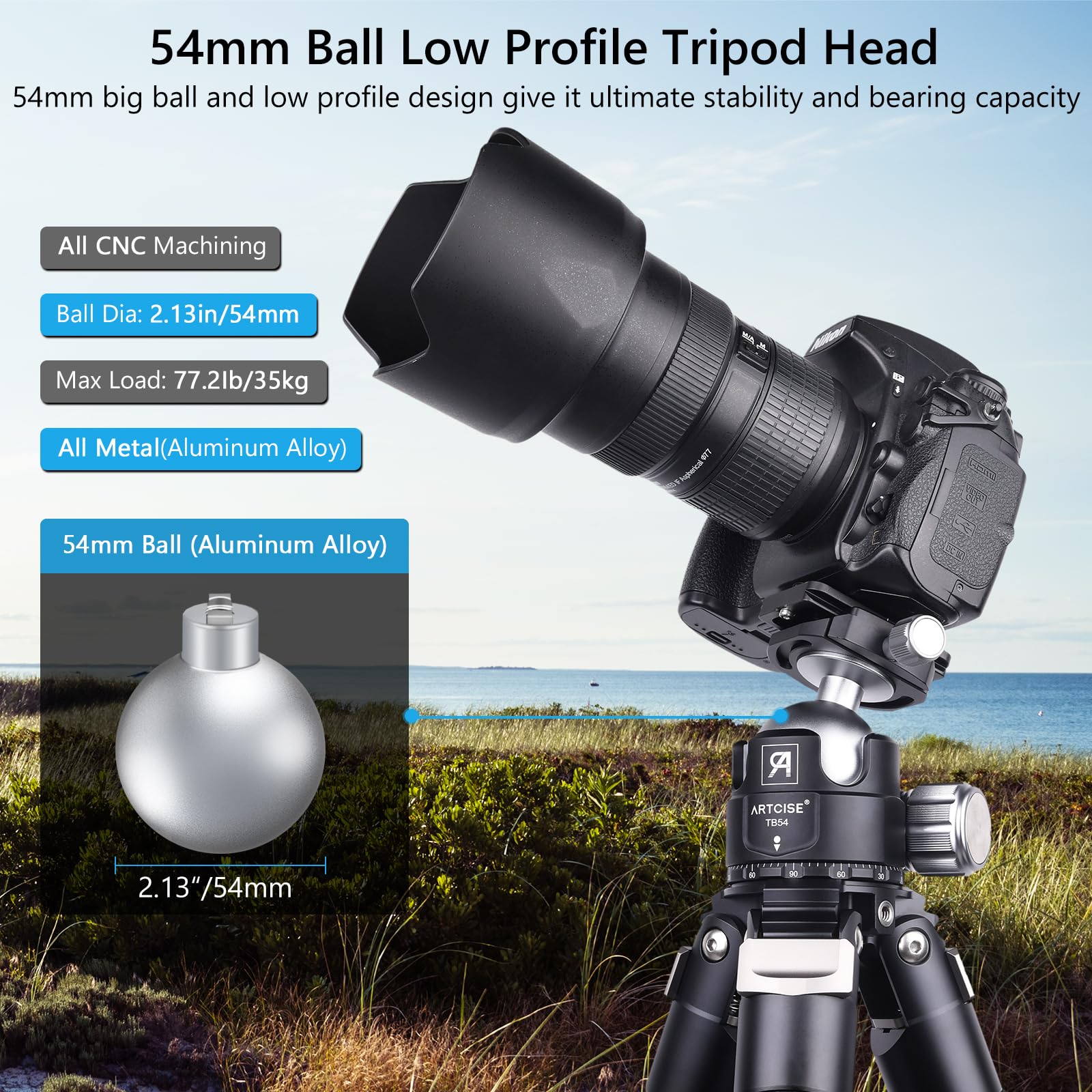 54mm Professional Low Profile Ball Head Tripod with 2 Arca-Swiss Quick Release Plates - CNC Aluminum 360° Rotating Panoramic Ball Head for DSLR Cameras, Monopods & Sliders (Max Load 35kg/77lbs) - Perfect for Landscape Photography, Travel Vlogging & Studio Shooting