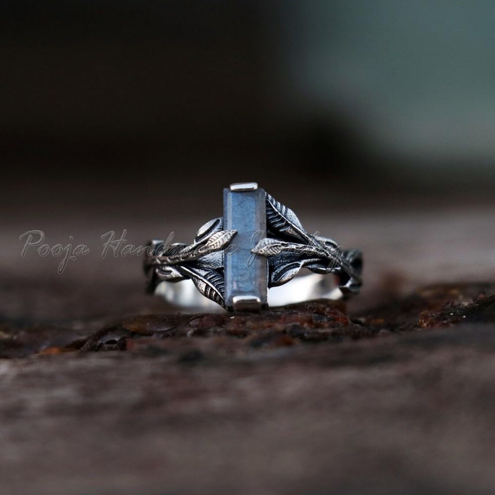 Labradorite Silver Ring for Women - 925 Sterling Silver Tree Branch Ring with Leaves Design, Handmade Rectangle Bar Ring, Gift for Wife, Sister, or Loved Ones | Perfect for Weddings, Anniversaries, and Special Occasions