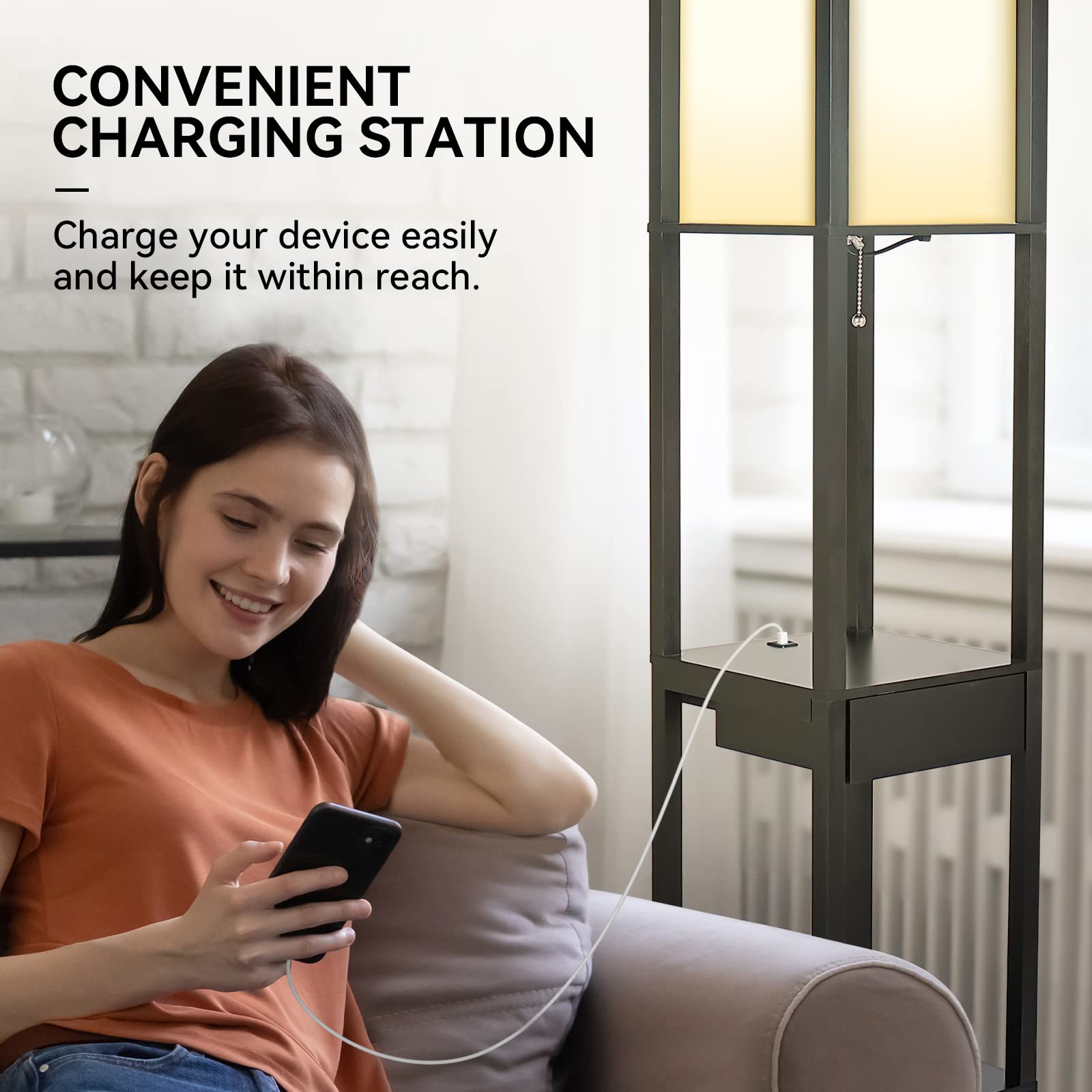 PULUOMIS 3-Tier Floor Lamp with Shelves, LED Bulb, 2 USB Ports & Drawer - Modern Standing Lamp for Living Room, Bedroom, Office - Perfect for Reading, Charging Devices & Home Decor (Black)