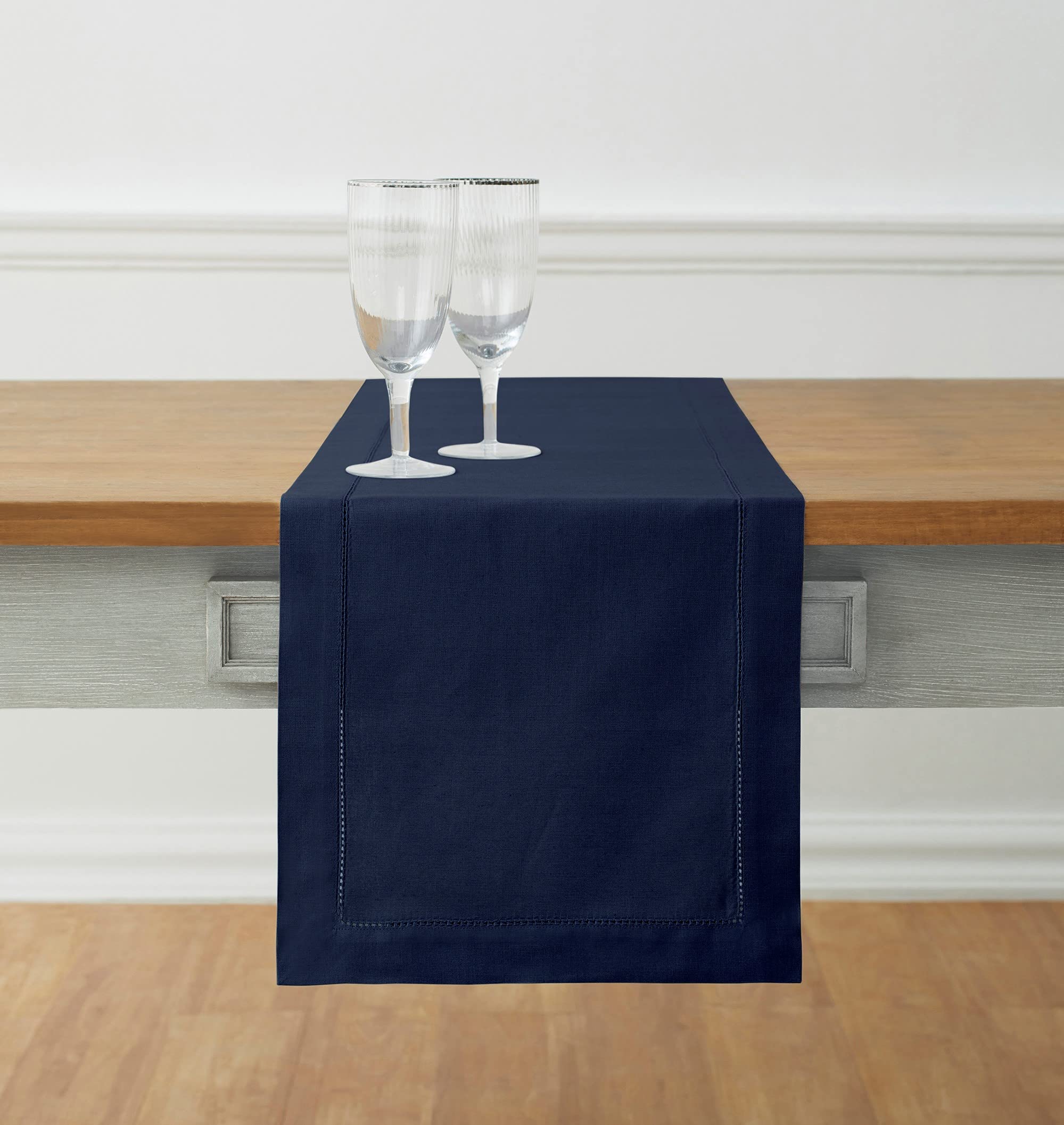Solino Home Navy Blue Cotton Linen Table Runner 14 x 108 Inches - Elegant Hemstitch Dining Table Decor for Weddings, Parties, Spring & Easter - Perfect for Holiday Tablescapes, Buffet Servers & Formal Dining Room Decorations