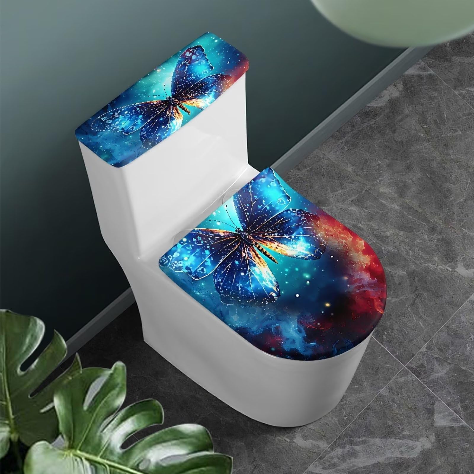 Blue Butterfly Stretchable Toilet Lid & Tank Cover Set - Non-Slip Elastic Edge Fits Round & Elongated Toilets - Bathroom Decor Upgrade for Home, RV & Guest Restrooms