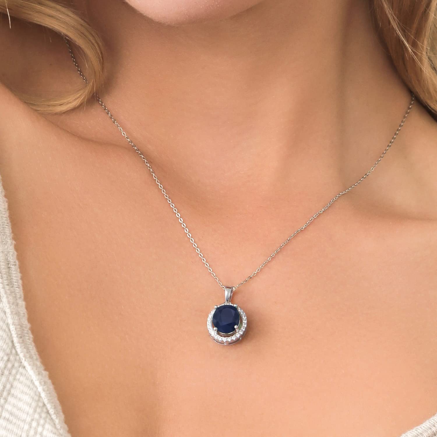 925 Sterling Silver 11X9MM Oval Birthstone & White Moissanite Halo Pendant Necklace for Women | 18