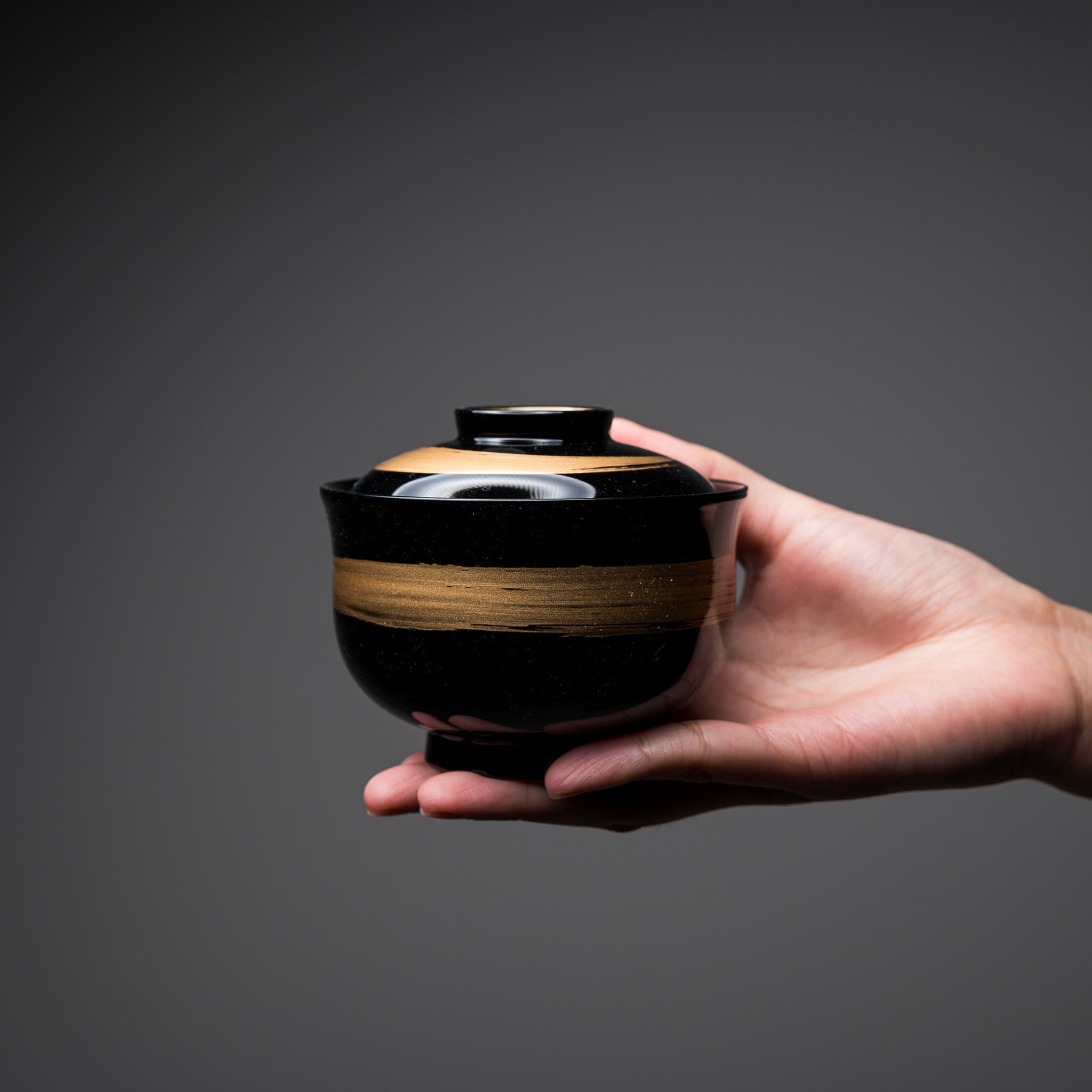 Premium Resin Soup Bowl with Lid - Gold Brush Design | Elegant Japanese Miso Soup Bowl for Home Dining & Gifts | Microwave & Dishwasher Safe