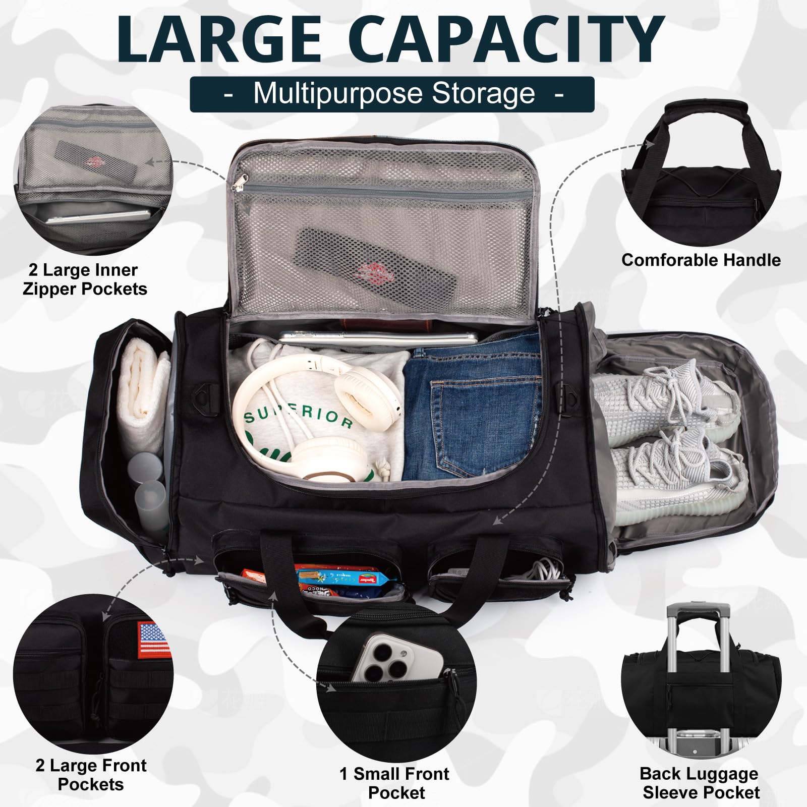 50L Large Tactical Gym Bag for Men & Women - 3-in-1 Water Resistant Sports Duffle Backpack with Shoe Compartment & Wet Pocket - Perfect for Travel, Gym, Weekender Overnight Trips & Outdoor Activities