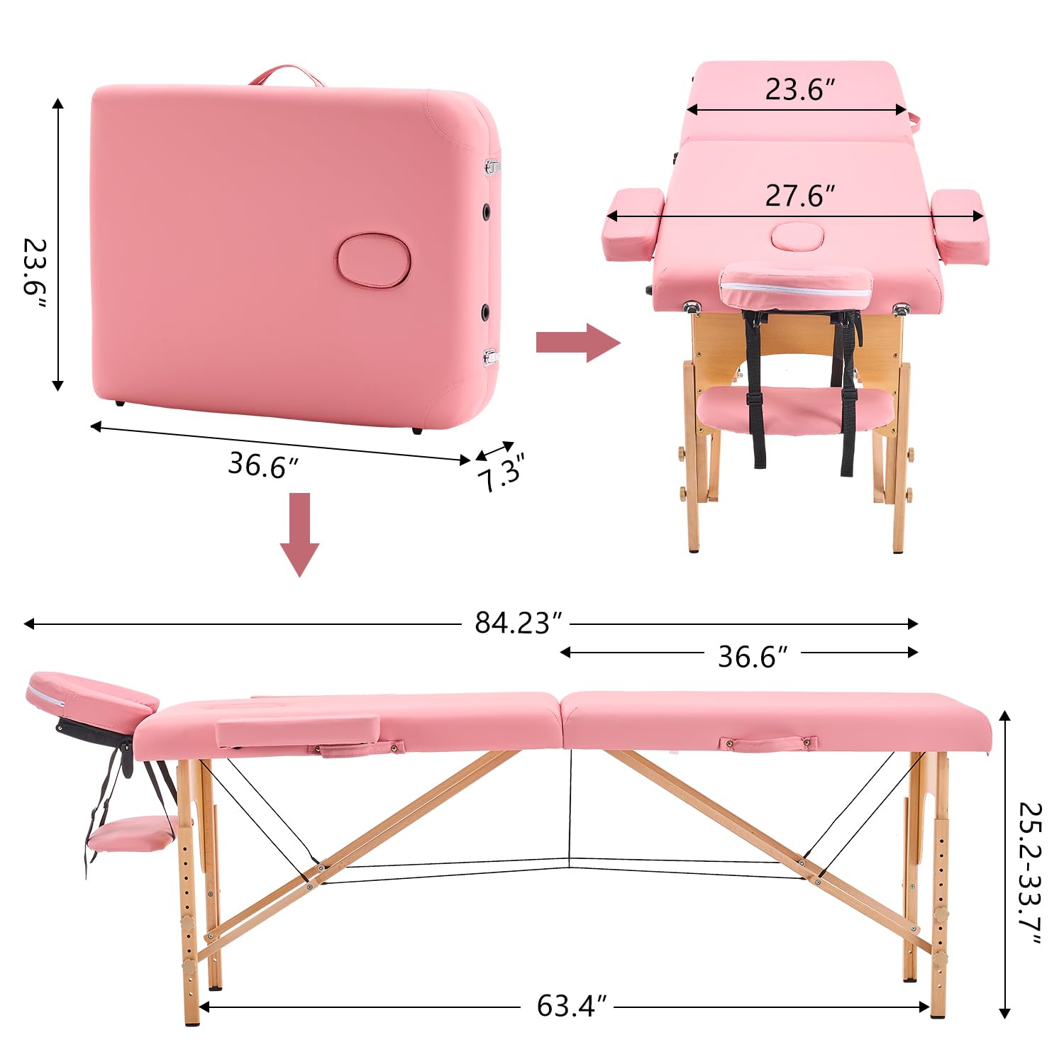 YOUNIKE Portable 2-Fold Adjustable Massage Table - Professional Spa Bed, Lash Extension Bed & Tattoo Bed with Face Cradle & Wooden Frame (Includes Non-Woven Carrying Bag, Pink) - Perfect for Salon, Spa, Home Use & Mobile Beauty Services