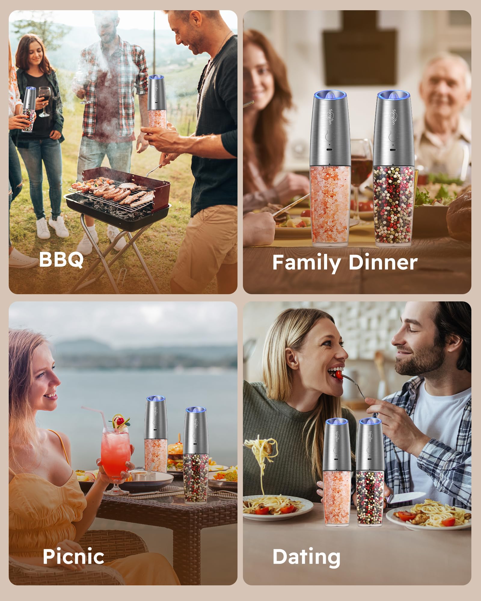 Sangcon Gravity Electric Salt and Pepper Grinder Set - Rechargeable USB-C 9oz XL Capacity, One-Hand Operation, Adjustable Coarseness, Automatic Mill for Kitchen, Dining Table, Camping & Travel