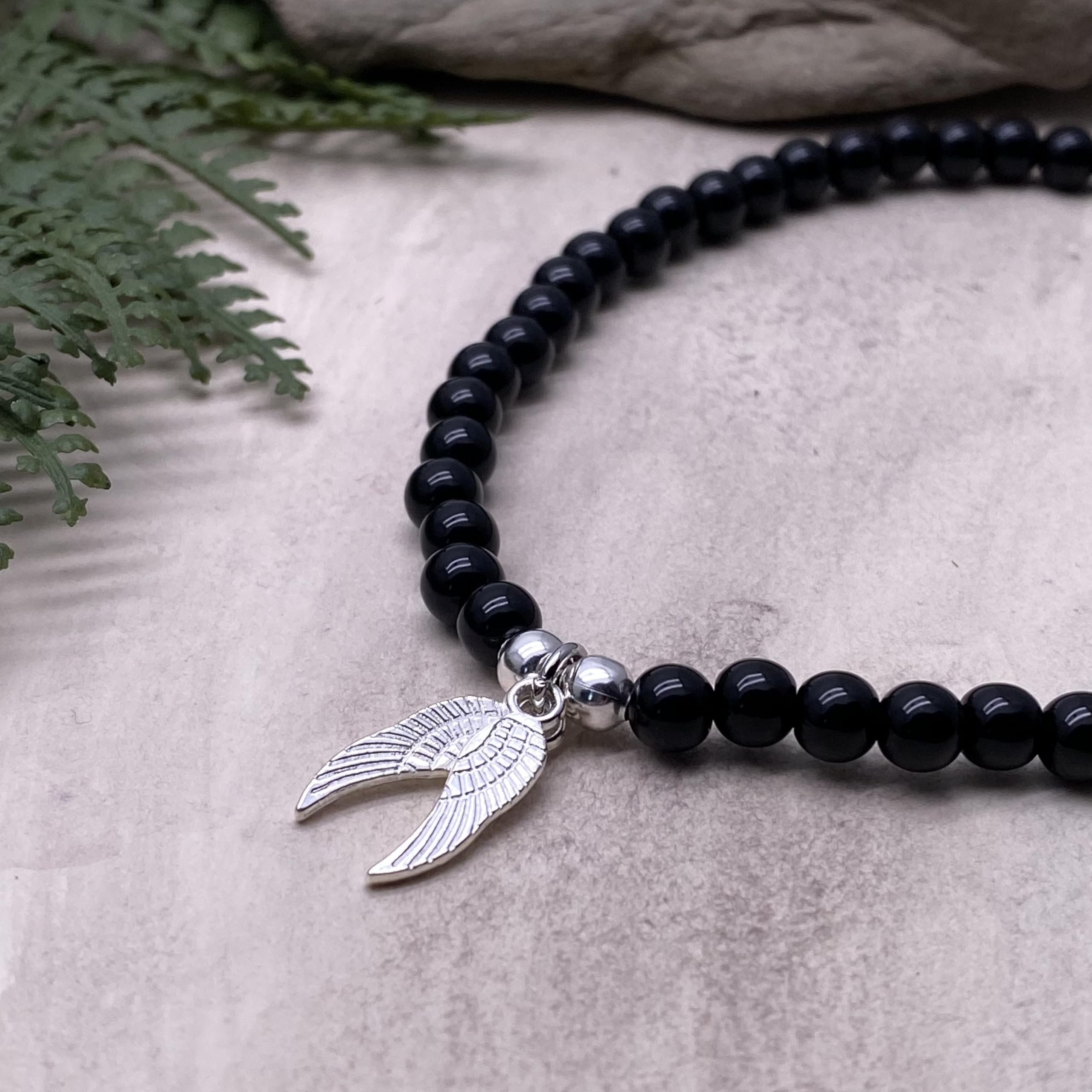 Angel Wings Charm Anklet - 6mm Black Acrylic Beaded Elastic Ankle Bracelet for Women | Adjustable 10-inch Size M/L | Stylish Everyday & Beach Jewelry | Perfect for Summer Outfits, Vacations and Boho Fashion