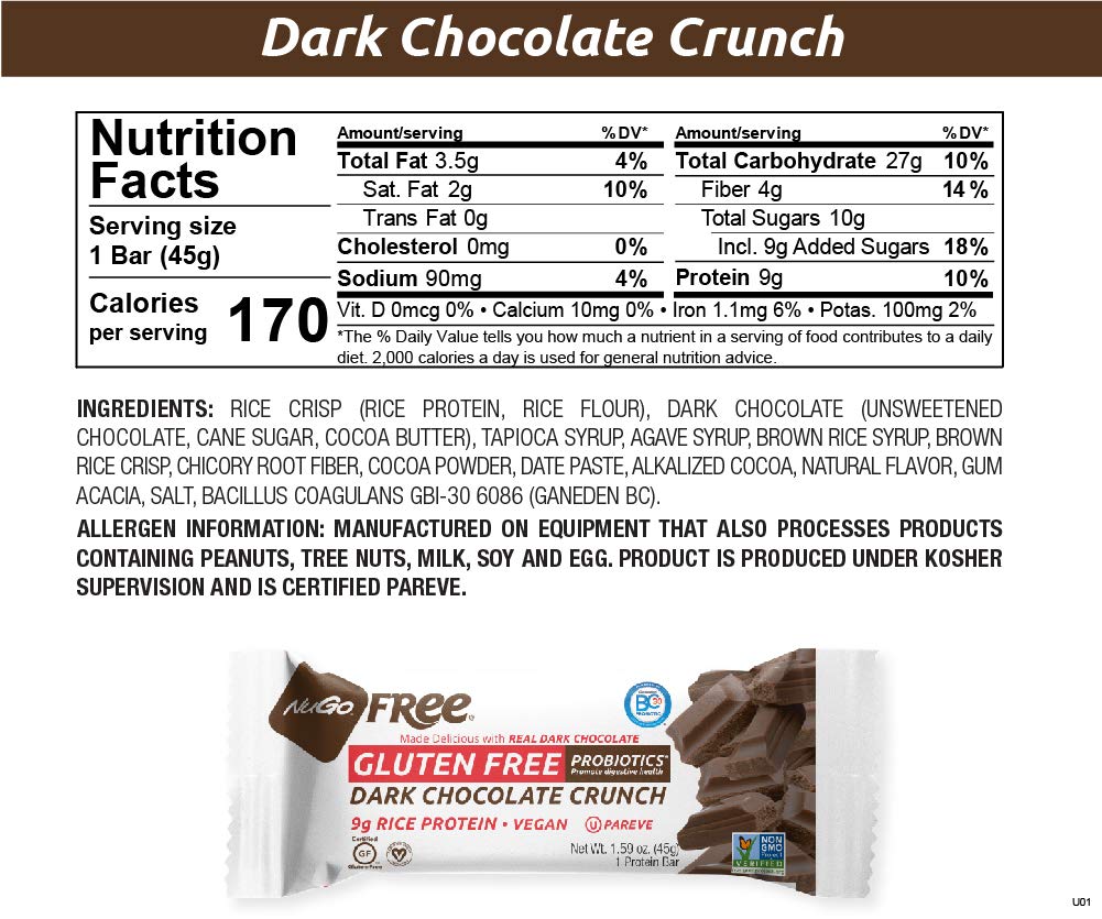 NuGo Free Dark Vegan Protein Bar - 9g Rice Protein, Probiotics, Gluten Free, Soy Free, Dark Chocolate Crunch - 1.59oz Bars (12 Pack) | Healthy Snack for Workouts, Travel & On-the-Go Nutrition