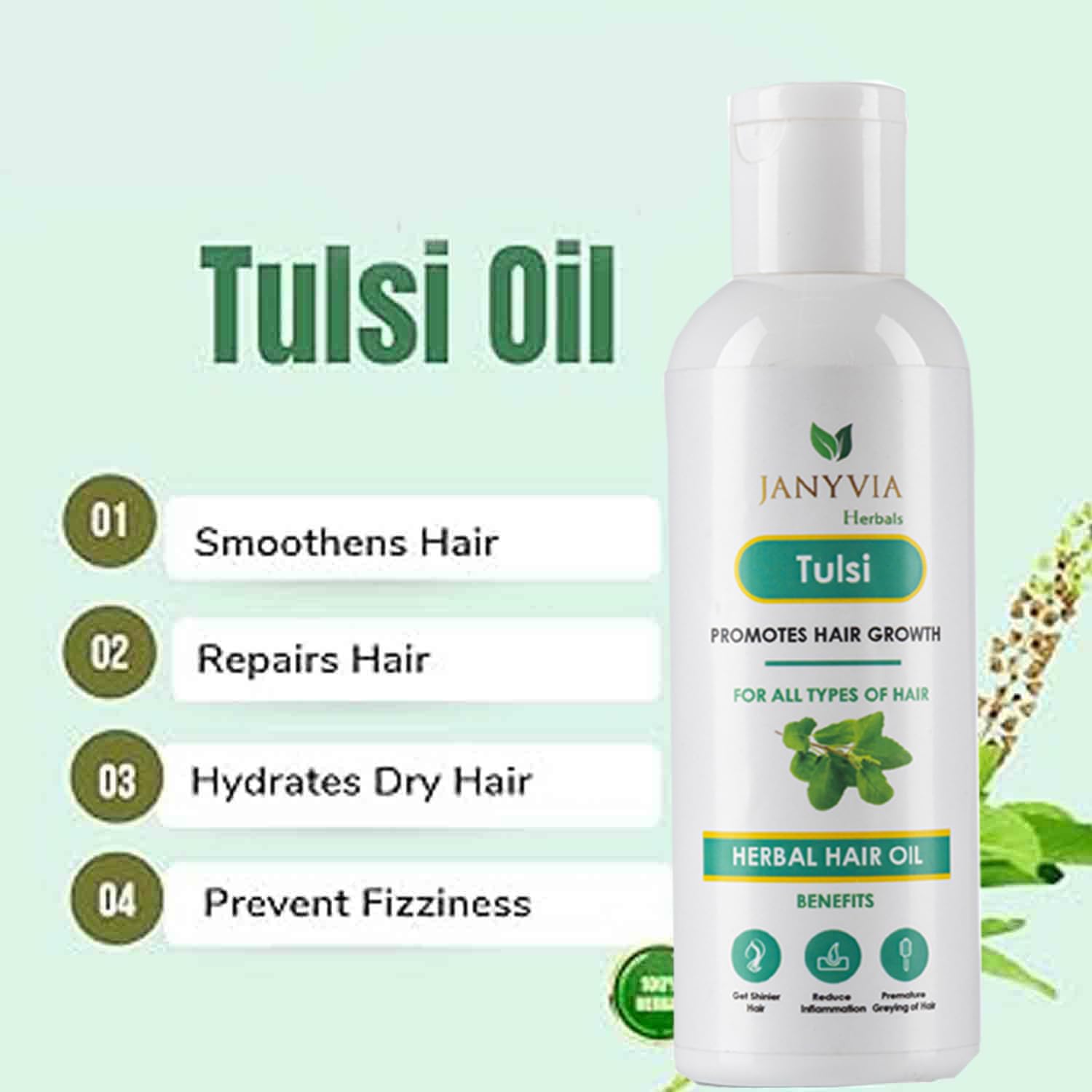 Janyvia Organic Tulsi Hair Oil - 100ml Ayurvedic Basil Oil for Hair Growth, Scalp Nourishment & Shine | Natural Hair Treatment for Dry, Damaged Hair | Daily Hair Care & Massage Essential