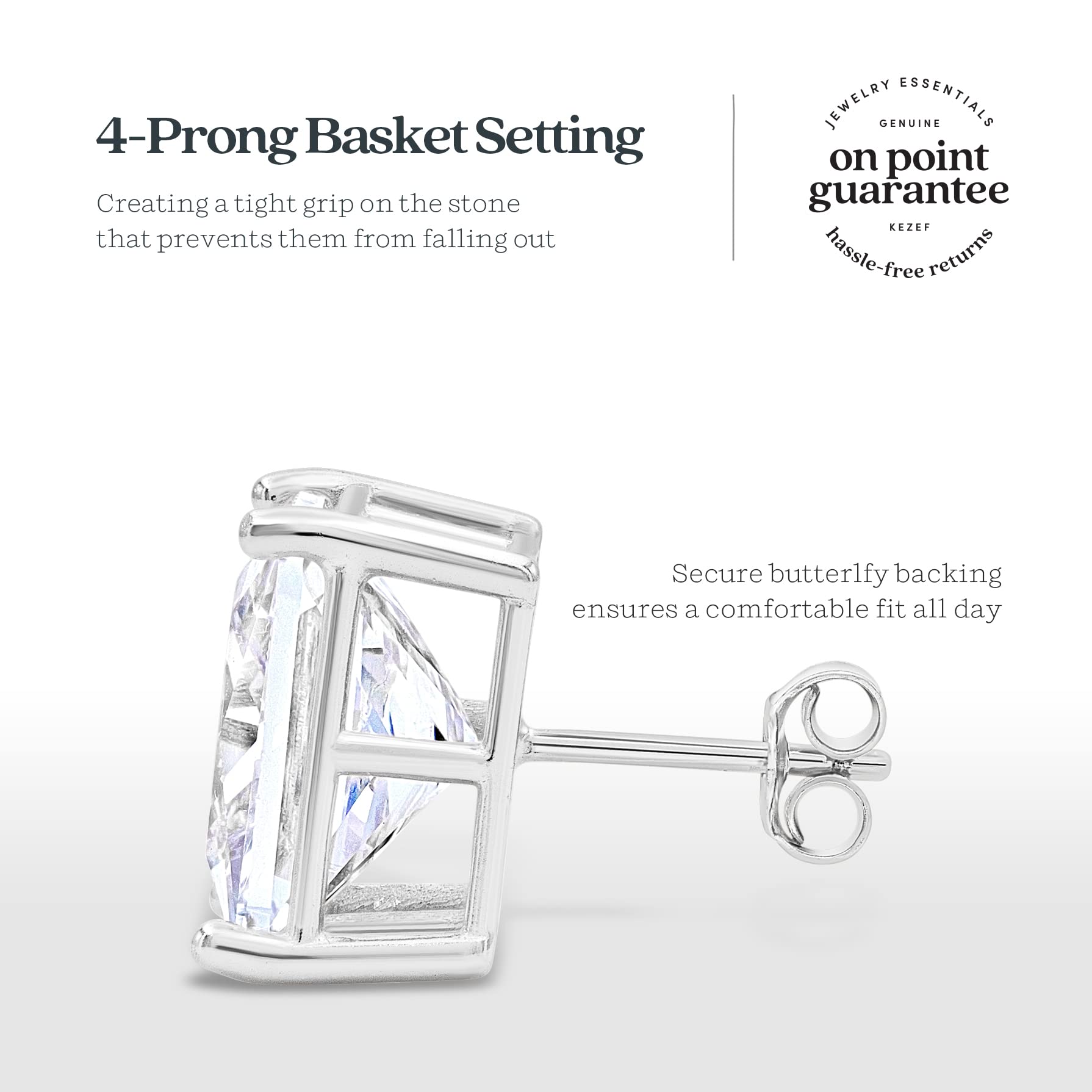 KEZEF Sterling Silver Stud Earrings for Women & Men - 11mm Square Princess Cut Cubic Zirconia Earrings with Basket Setting | Perfect for Everyday Wear, Gifts & Special Occasions
