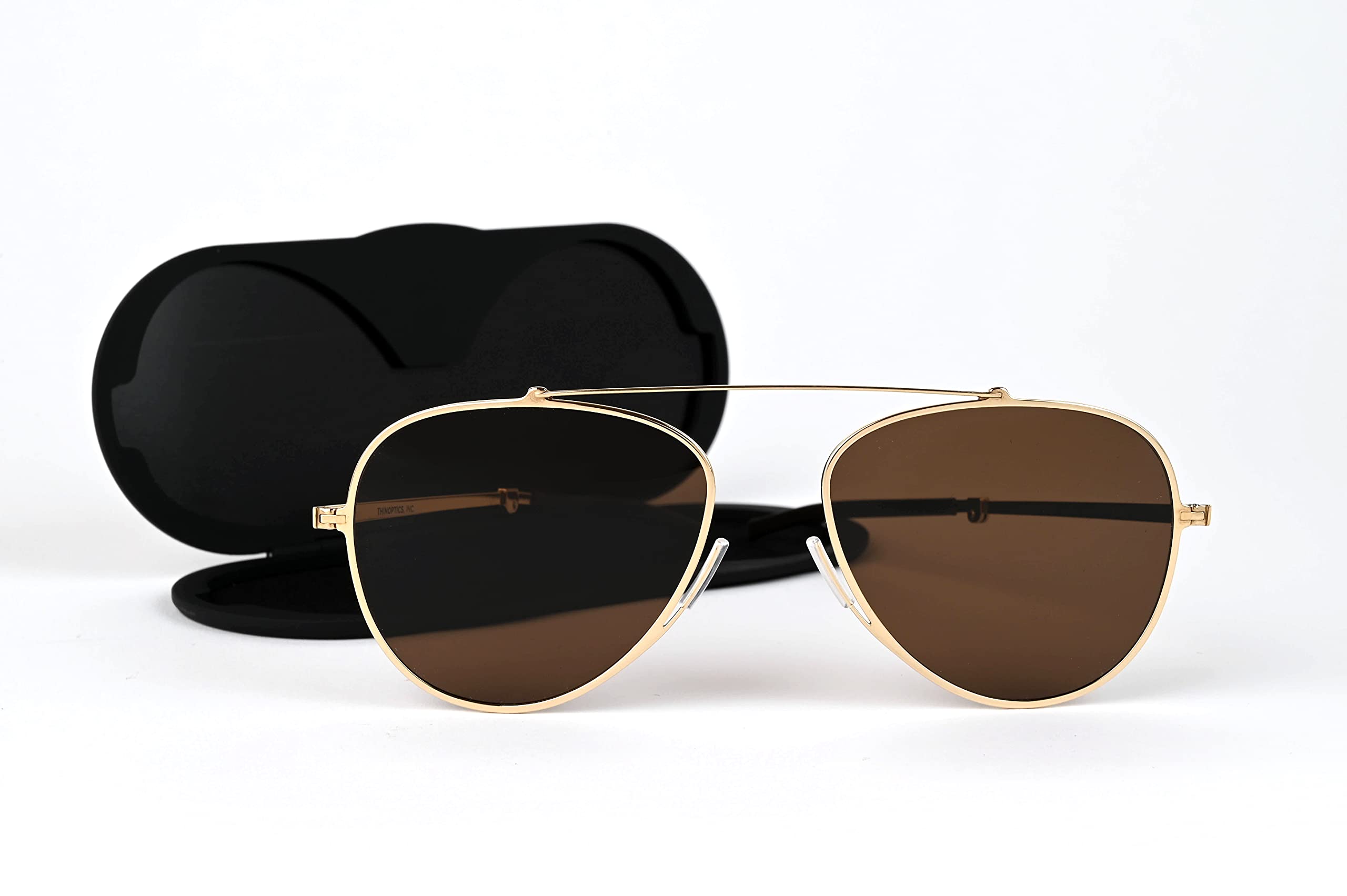 ThinOptics Milano Aluminum Case & Aviator Sunglasses - Gold Frame with Brown Lens (54mm) | Premium UV Protection for Driving, Travel & Outdoor Activities