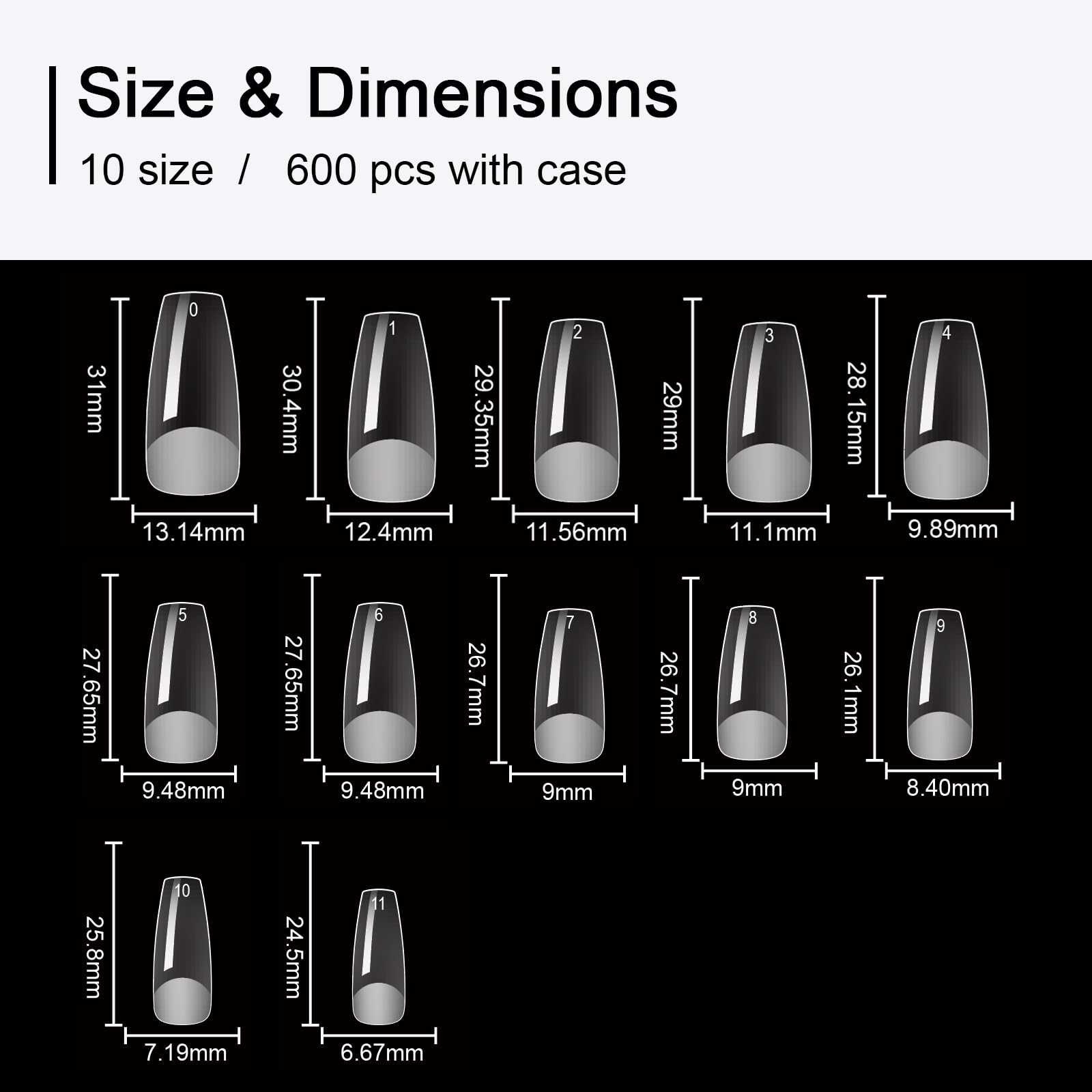 Long Coffin Fake Nail Tips 600pcs - 10 Sizes Matte Soft Gel Nails for Home Salon & DIY Manicure