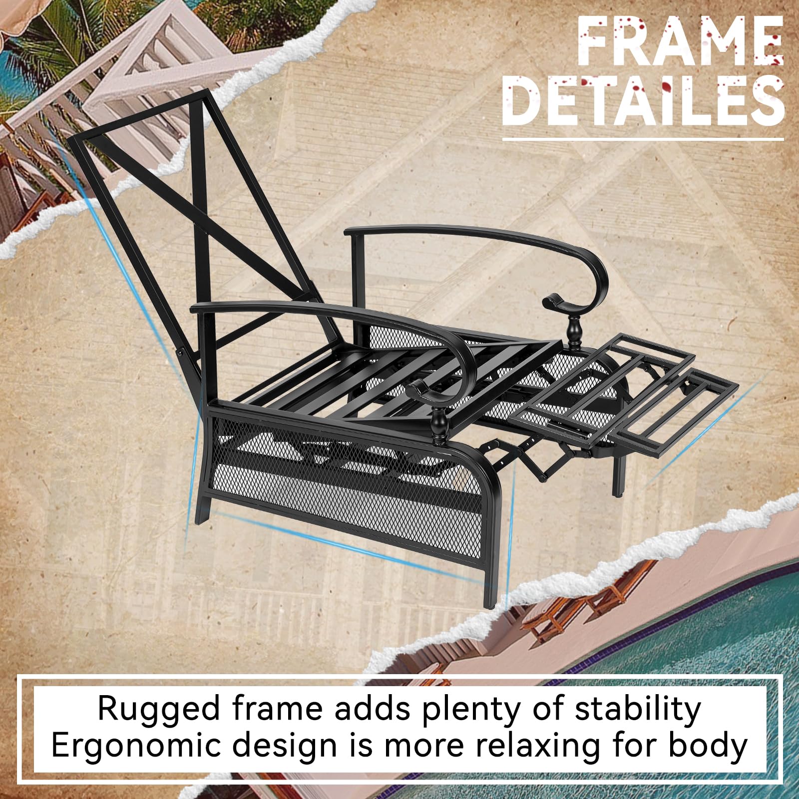 Adjustable Outdoor Lounge Chair - Patio Recliner with Removable Cushions, Durable Metal Frame, Automatic Chaise - Perfect for Poolside, Backyard & Beach Relaxation (Red)