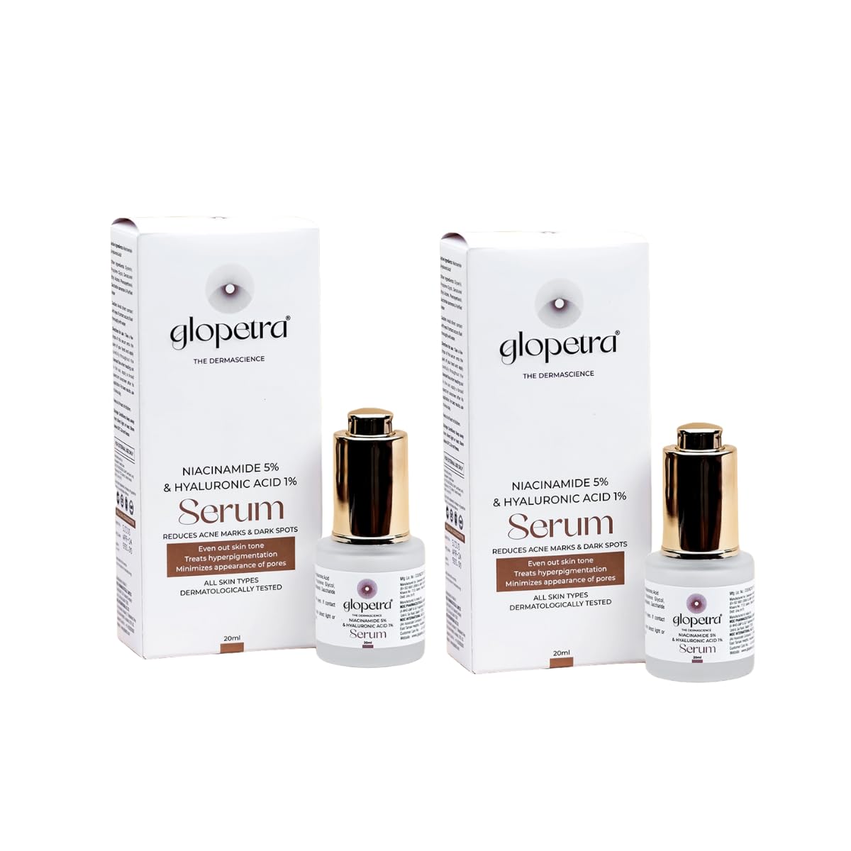 GLOPETRA Niacinamide 5% & Hyaluronic Acid 1% Serum 20ml (2-Pack) - Hydrating Face Serum for Acne Scars & Dark Spot Treatment, Dermatologist Tested with Vitamin B3 - Skincare for Men & Women - Perfect for Daily Hydration & Brightening Routine