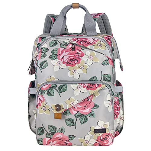 Hap Tim Large Waterproof Baby Diaper Backpack for Girls & Moms - Grey Floral Design, Double Compartments with Stroller Straps, Spacious Travel Maternity Nappy Changing Bag | Perfect for Daycare, Hospital Visits & Family Outings (US7340-GF)