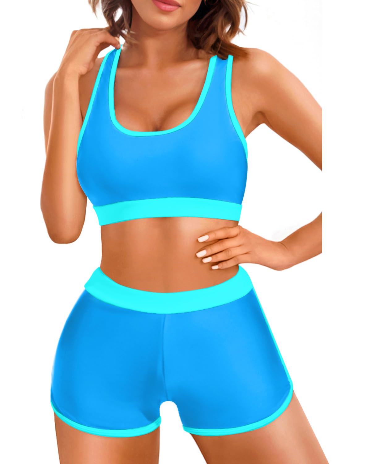 Women's Two Piece Sports Bikini - Athletic Swimsuits with Racerback Crop Top & Boy Shorts - Sexy Bathing Suits for Girls - Perfect for Swimming, Beach Vacations & Summer Workouts