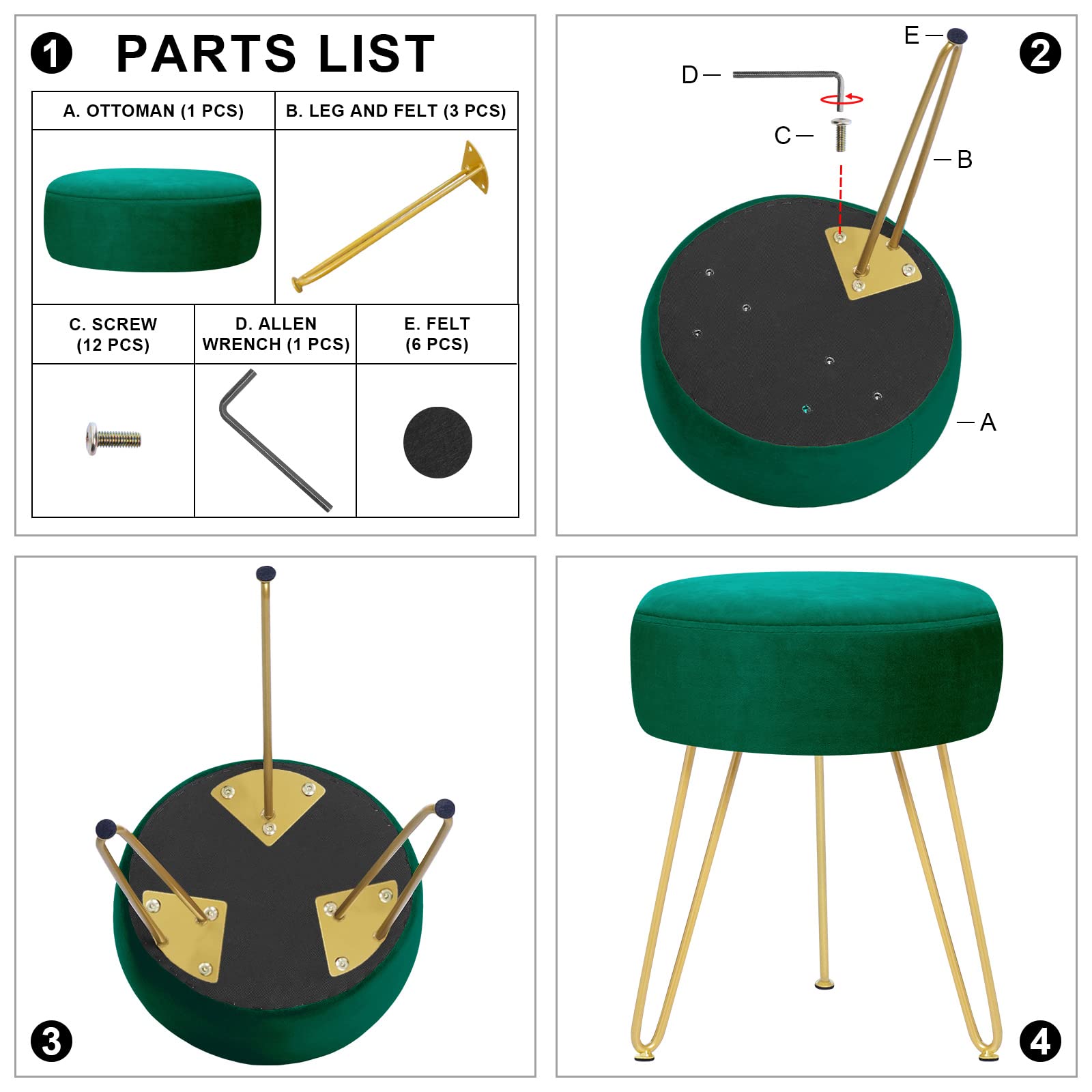 GERANT Velvet Round Ottoman Stool - Multifunctional Upholstered Footrest & Side Table with Golden Metal Legs - Modern Dressing Stool for Living Room, Bedroom, Vanity (Teal) | Perfect for Makeup Area, Reading Nook & Lounge Seating