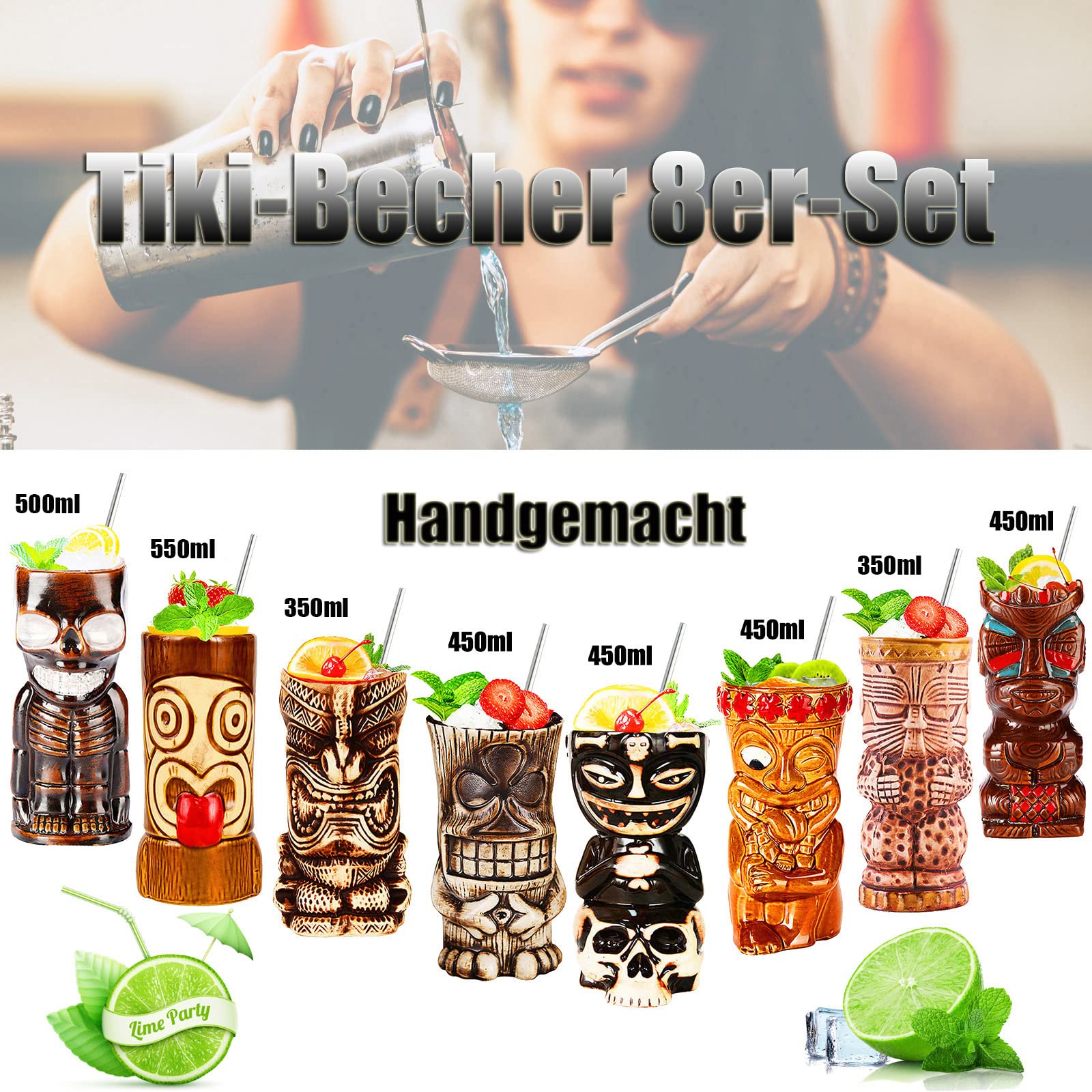 Premium 8-Piece Tiki Bar Glasses Set - Exotic Cocktail Mugs for Tropical Drinks, Hawaiian Themed Party Cups - Perfect for Luau Parties, Beach Bars & Summer Entertaining