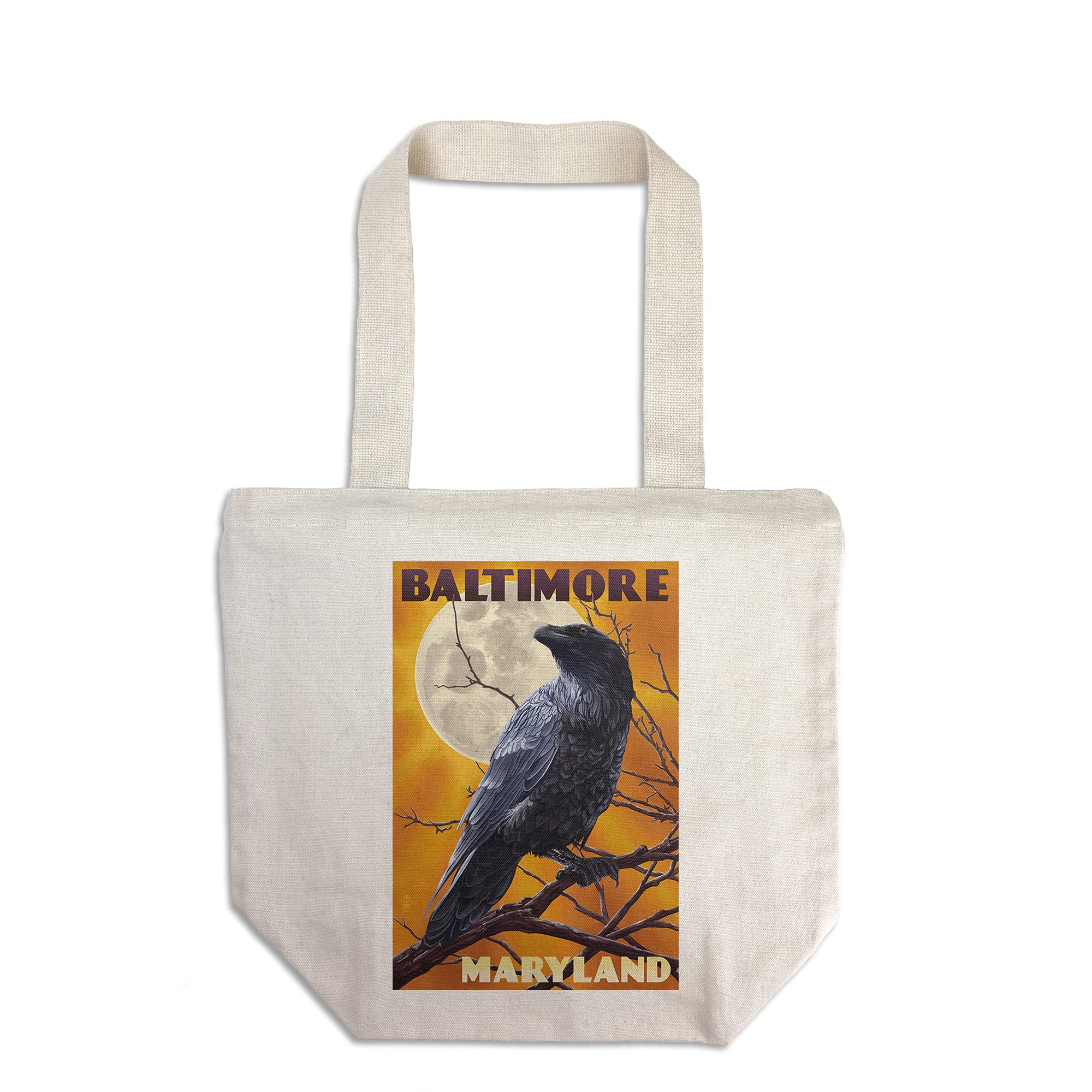 Lantern Press Baltimore Maryland Raven and Moon Tote Bag - 100% Cotton Canvas Reusable Shopping Bag for Groceries, Beach, Work & Travel