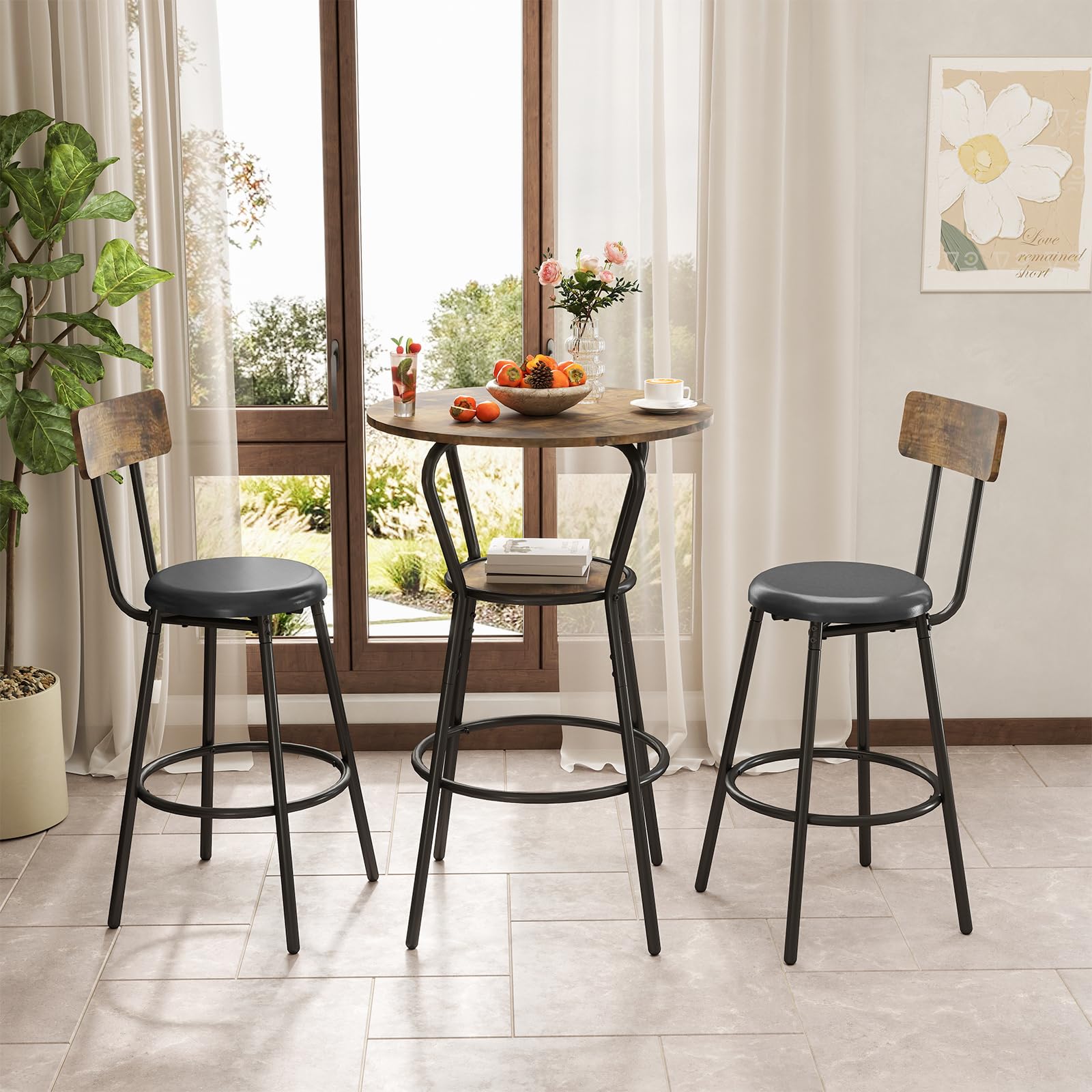 3-Piece Round Bar Table and Chair Set - Small Dining Table for 2 with 2 Upholstered Stools, Modern Kitchen Breakfast Nook Set in Rustic Brown - Perfect for Small Spaces, Apartments, Kitchen Nooks & Bistro Dining