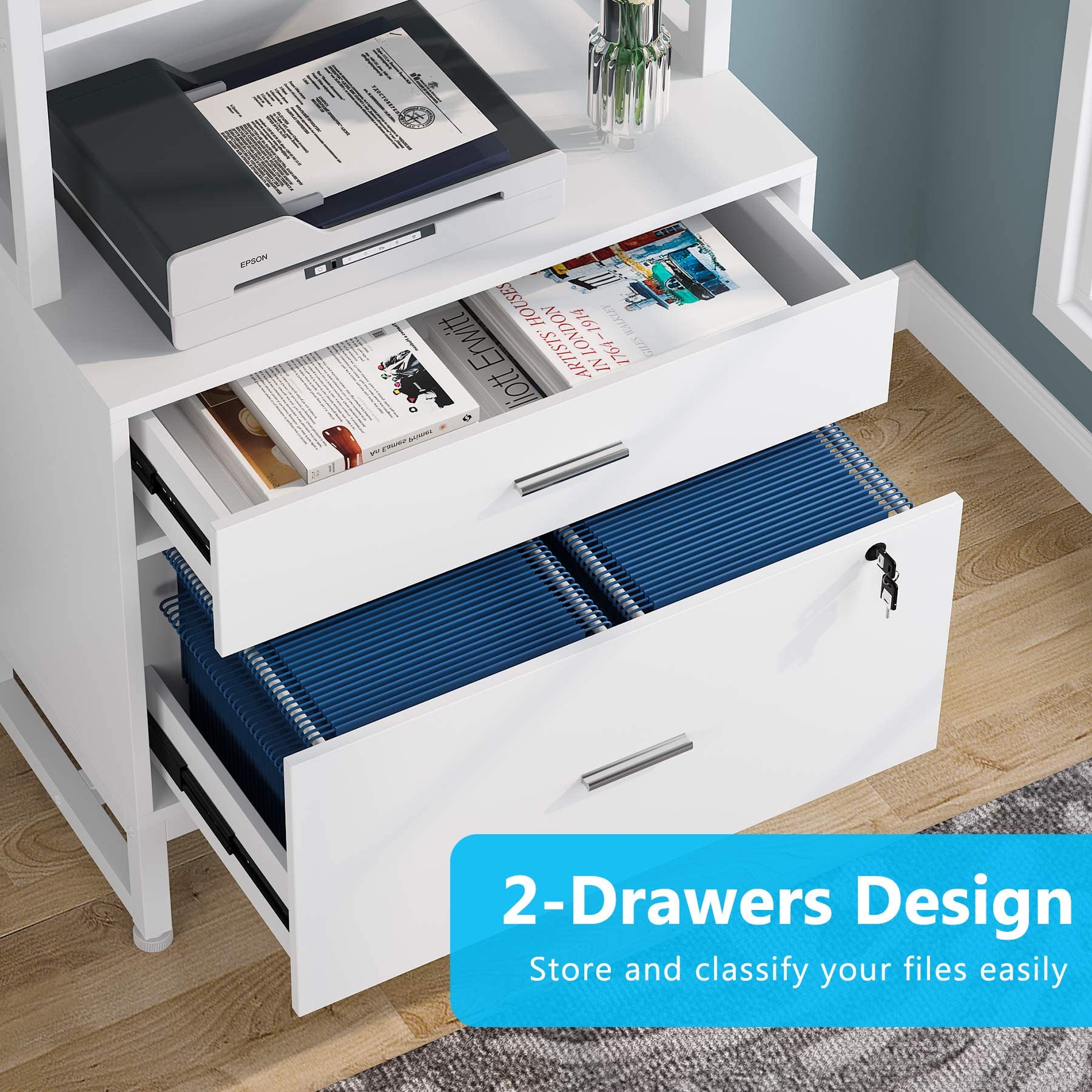 Tribesigns 2-Drawer Lockable Lateral File Cabinet - Letter Size Modern Office Storage with Open Shelves for Printer & Supplies - White - Perfect for Home Office Organization & Workspace Storage Solutions
