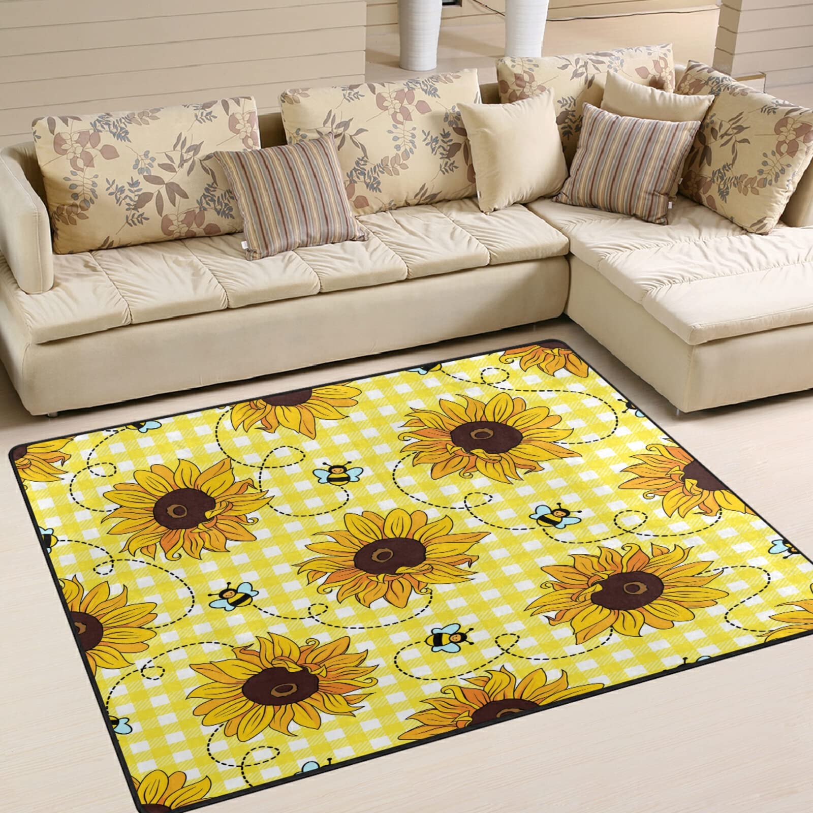 ALAZA Bee Sunflower Yellow Buffalo Plaid Area Rug 7' x 5' - Soft Non-Slip Living Room Rug, Bedroom Carpet for Home Decor, Farmhouse Style Floor Mat - Perfect for Cozy Spaces, Dorm Rooms & Nursery