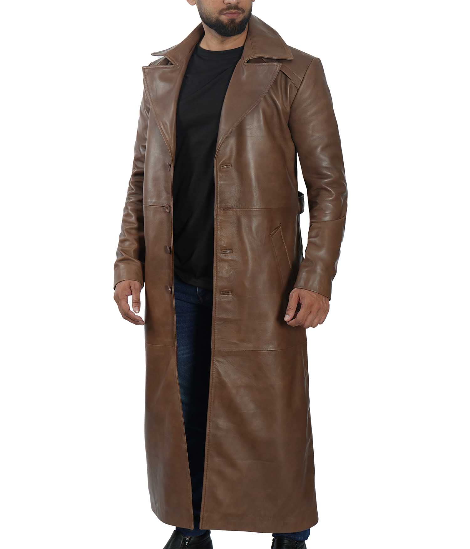 Genuine Lambskin Leather Trench Coat for Men - Full Length Peacoat Winter Jacket | Premium Real Leather Long Coat | Perfect for Formal Events, Business Meetings & Cold Weather Protection