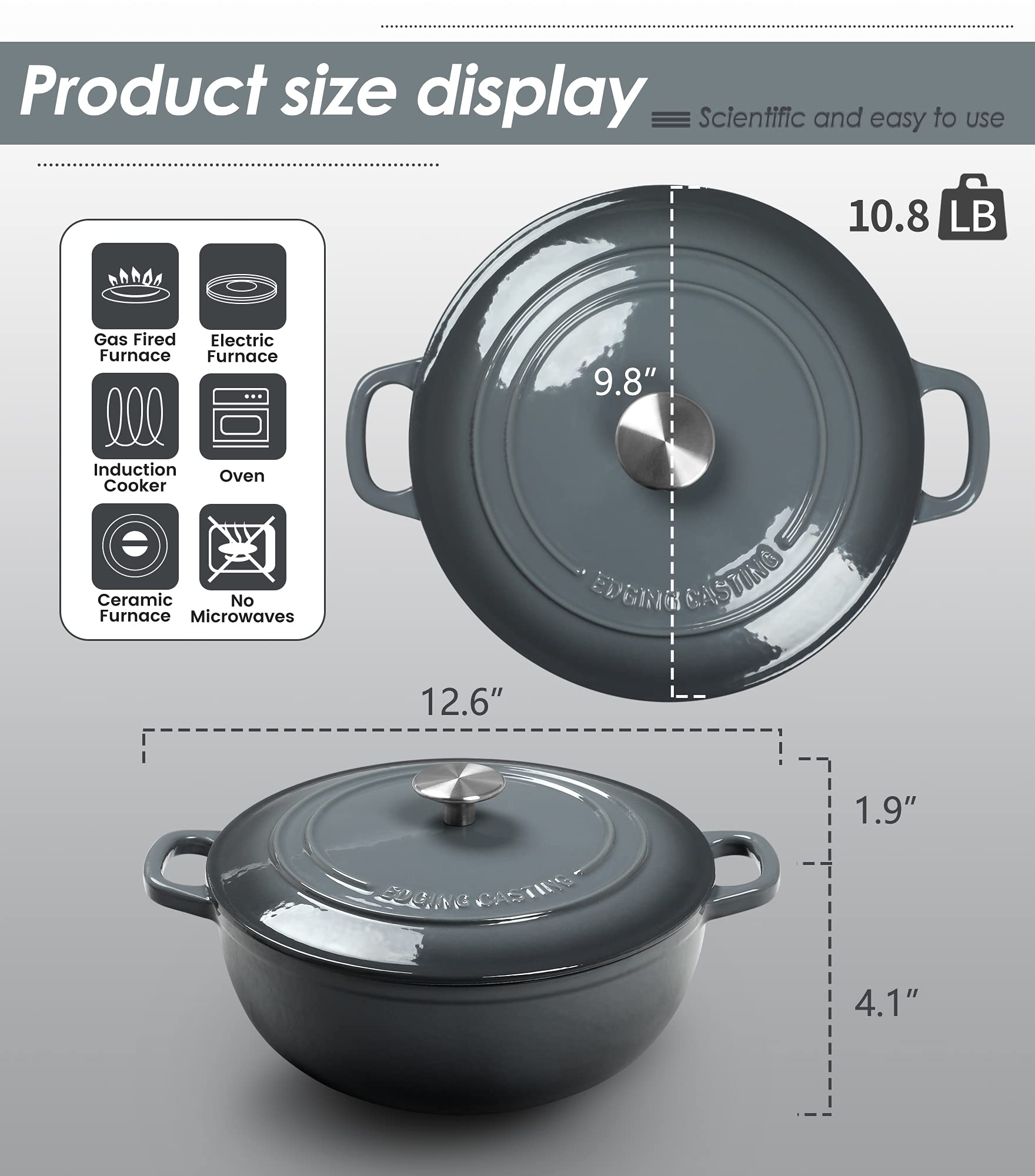 Premium Enameled Cast Iron Dutch Oven with Lid - 3.5 Quart Dual Handle Gray Cookware for Baking, Braising & Roasting - Oven & Stovetop Safe (Gas, Electric, Induction) - Perfect for Bread, Stews & Family Meals