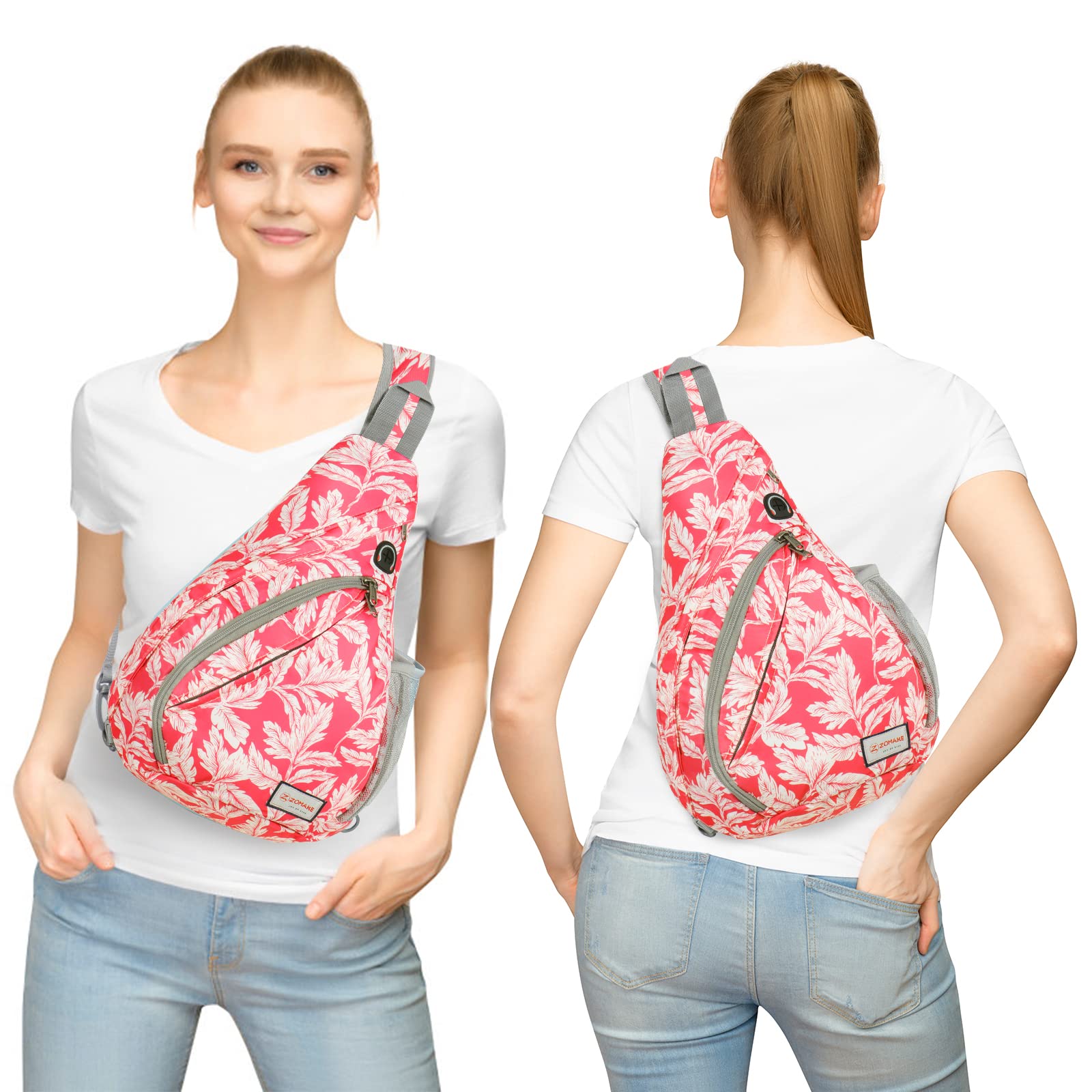 ZOMAKE Waterproof Sling Bag for Travel & Hiking - Anti-Theft Crossbody Backpack (Fuchsia White Leaf)