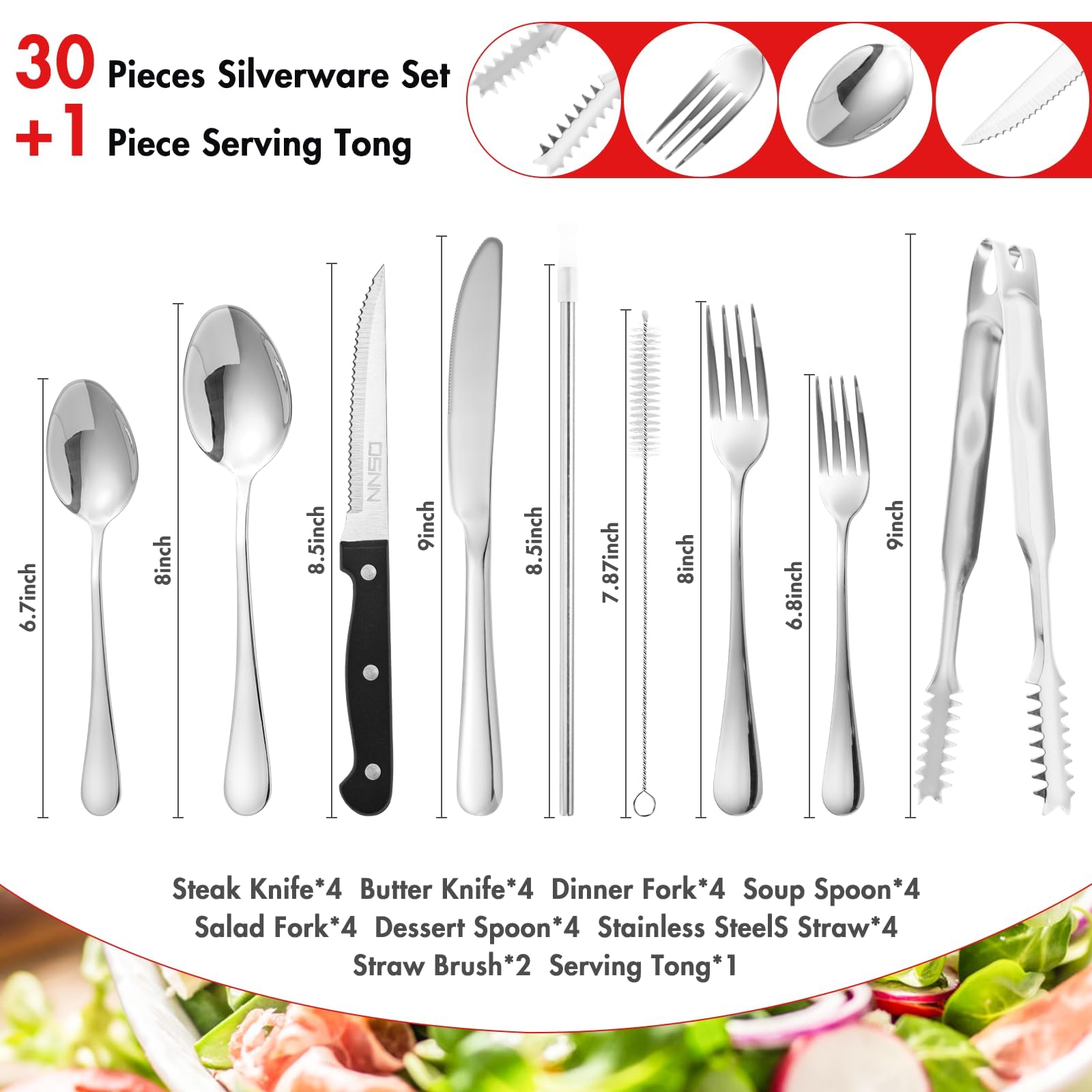 30-Piece Stainless Steel Silverware Set for 4 - Includes Knives, Spoons, Forks, Food Tongs & Metal Straws | DSNN Premium Kitchen Cutlery Set | Perfect for Dining, Entertaining & Eco-Friendly Living