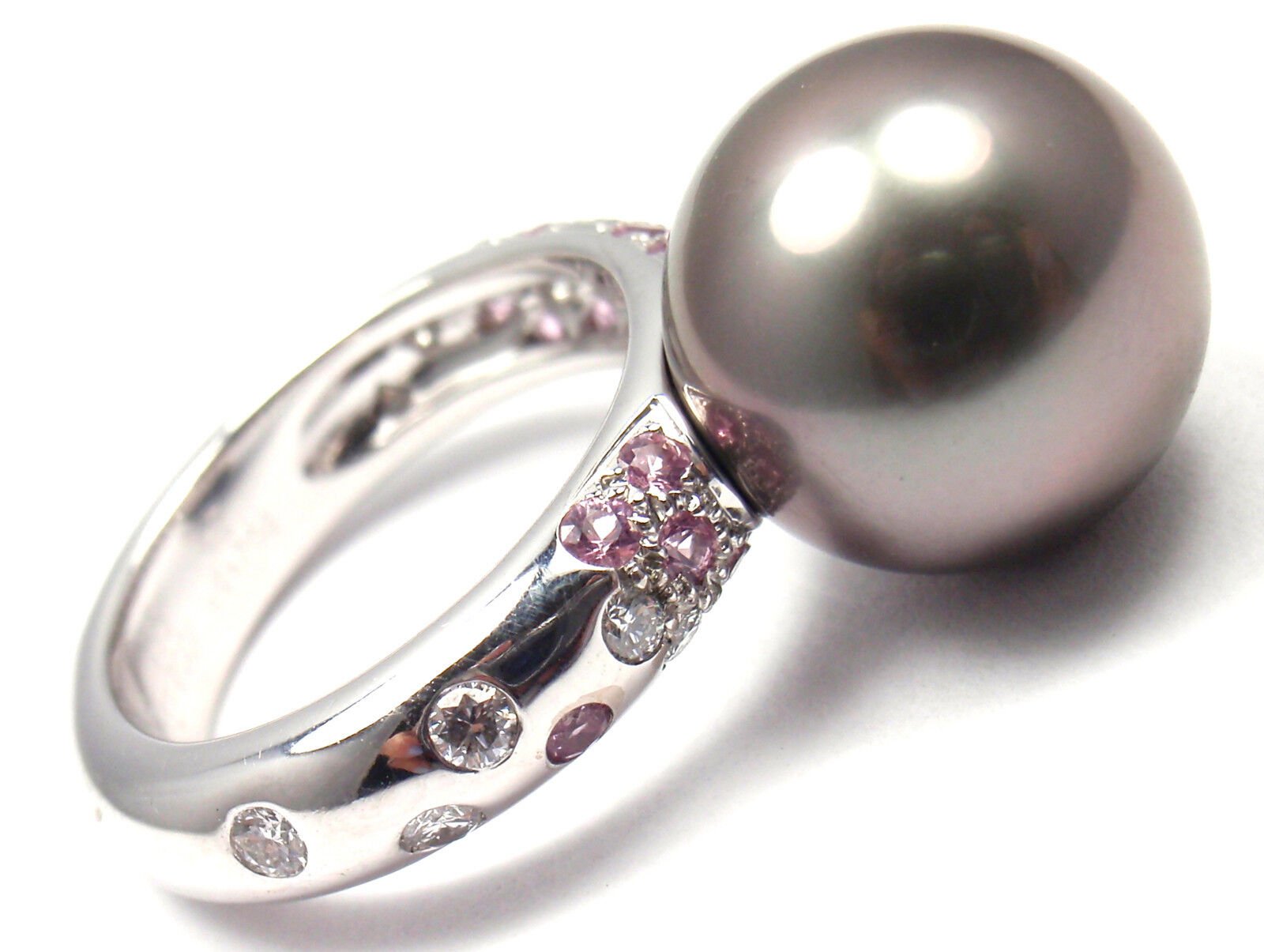 Authentic Cartier 18K White Gold Tahitian Pearl Diamond Pink Sapphire Ring for Women - Luxury Jewelry Gift for Anniversary, Valentine's Day & Special Occasions