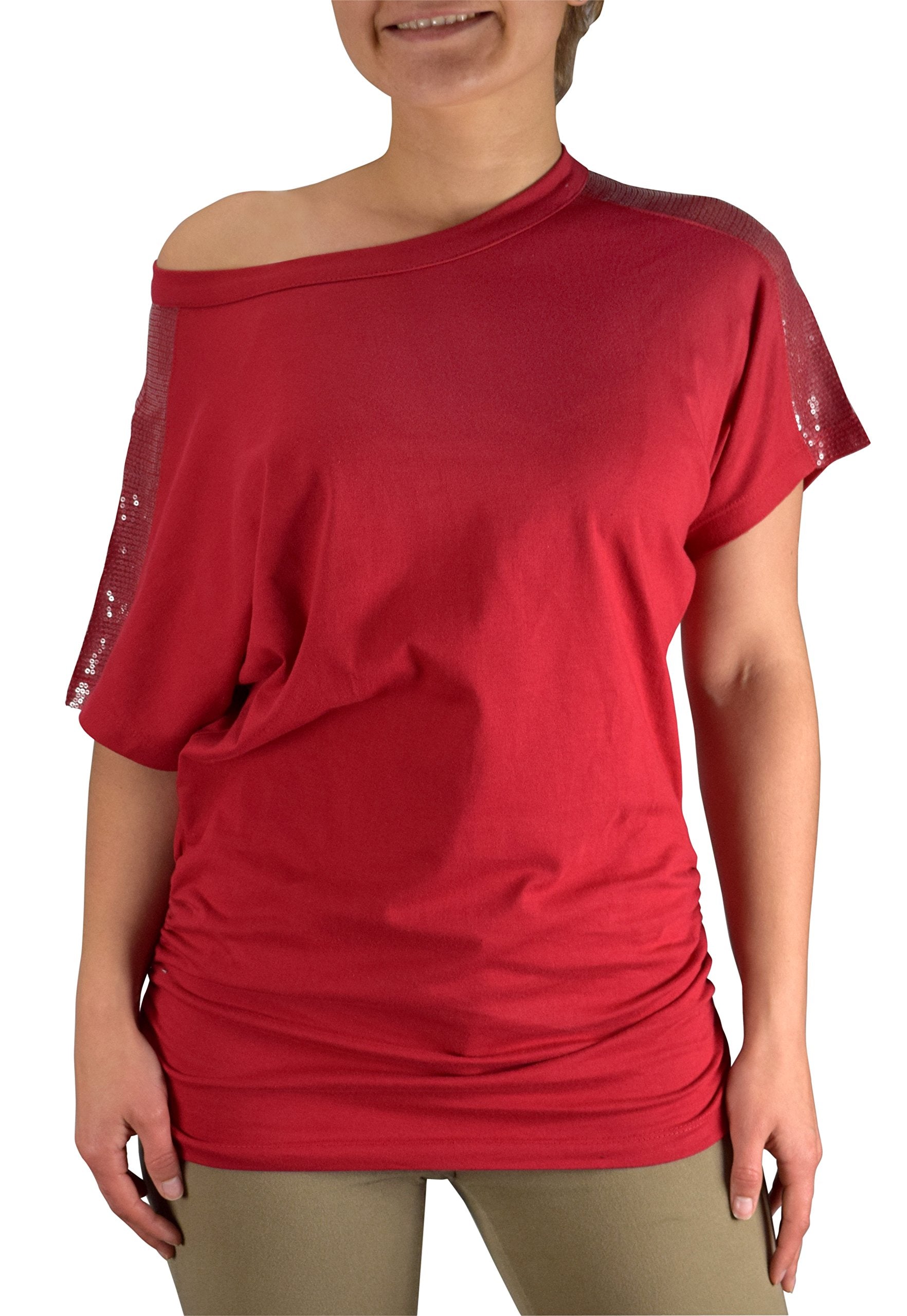 Women's Elegant Cotton Boat Neck Dolman Top with Shirring Drape & Sequin Shoulder Detail - Perfect for Casual Wear, Parties & Evening Outfits