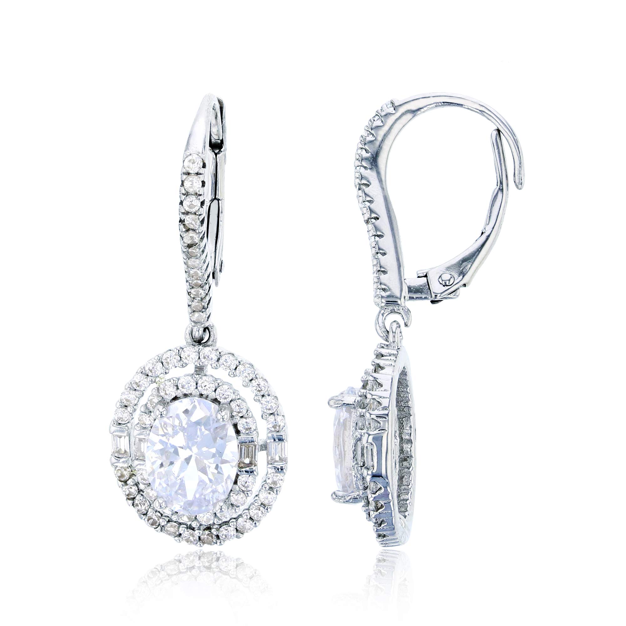 Sterling Silver Rhodium Plated 8x6mm Oval Cut Cubic Zirconia Earrings with Micropave & Double Oval Frame - Elegant Leverback Dangle Earrings for Women, Perfect for Weddings, Parties & Special Occasions