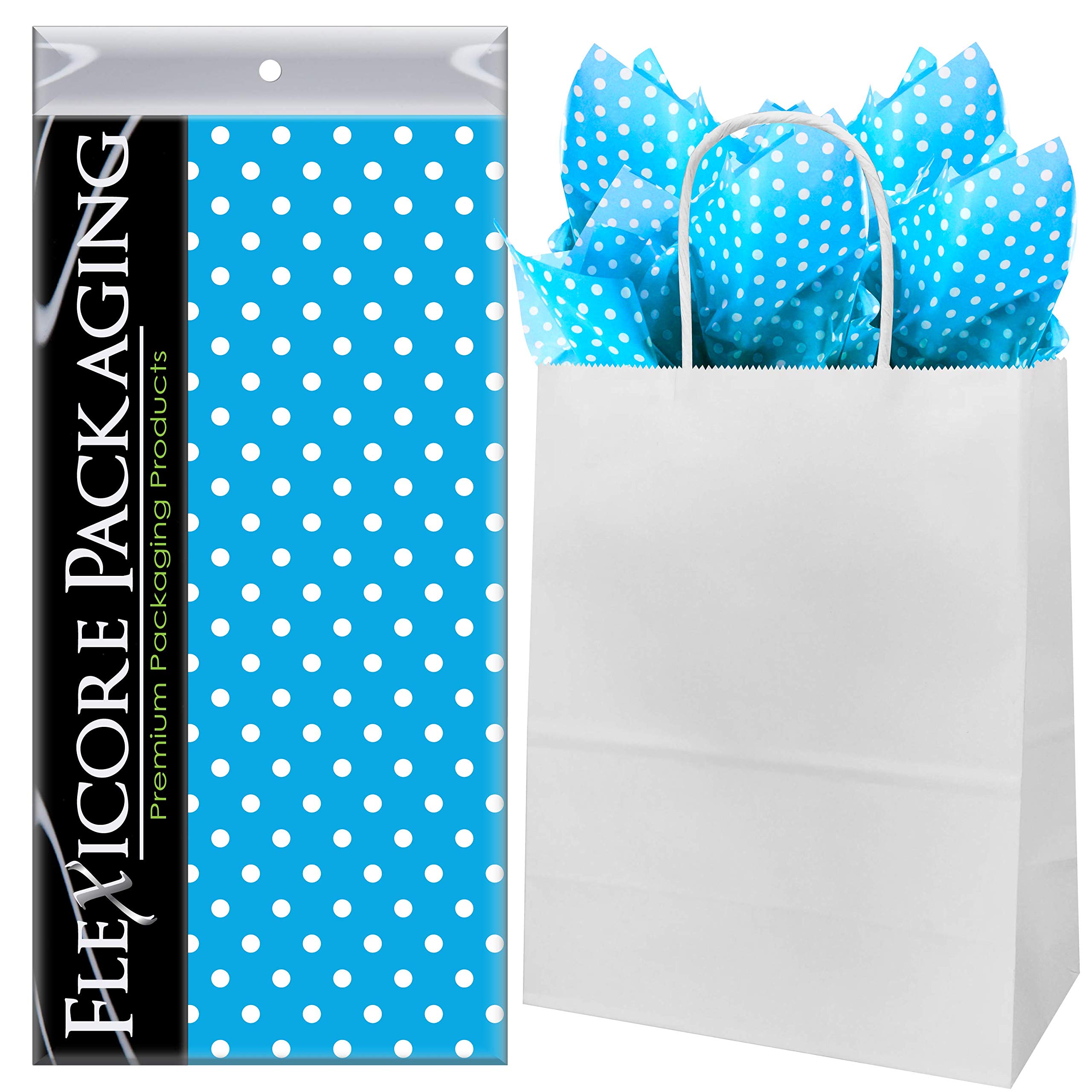 Premium White Kraft Paper Gift Bags with Turquoise Polka Dot Design - 8