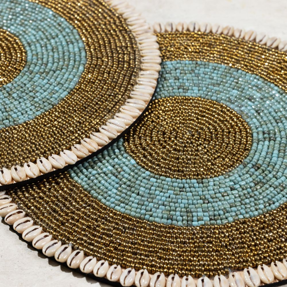 Premium Natica Gold Blue Table Mats Set of 2 - Elegant Placemats for Dining Table Decor, Kitchen, and Party Settings