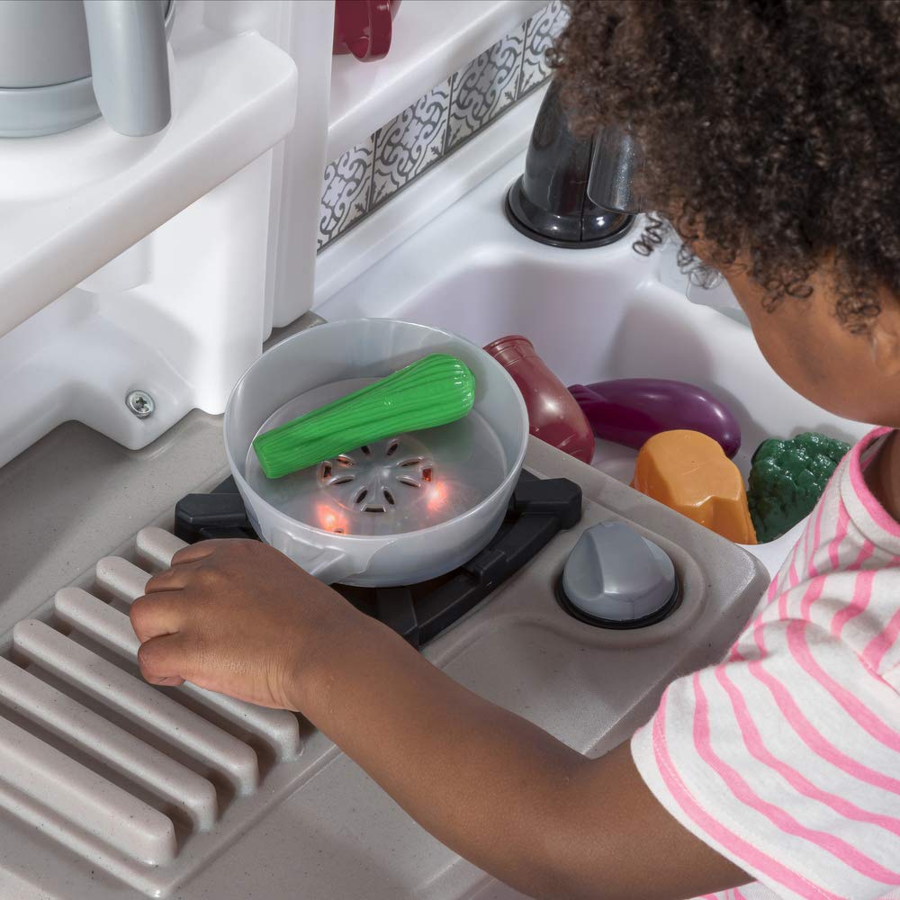 Step2 Timeless Trends Kids Kitchen Playset - Indoor & Outdoor Pretend Play Kitchen with Lights, Sounds & 21 Toy Accessories | Durable Plastic Toddler Kitchen Toy for Ages 2+ | Perfect for Pretend Cooking, Role Play & Backyard Fun