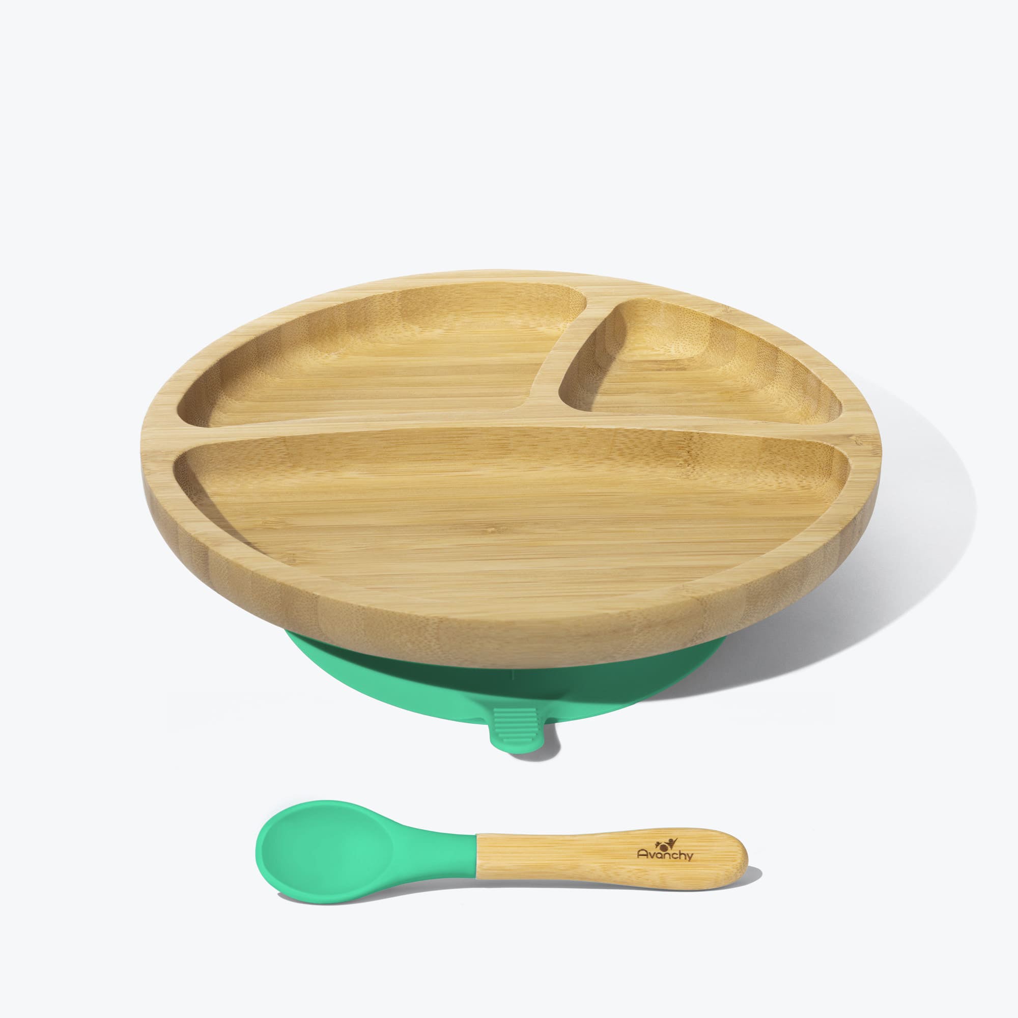 Avanchy Bamboo Suction Toddler Plate and Spoon Set - Eco-Friendly, BPA-Free Baby Feeding Dish with Strong Suction Base - Perfect for High Chairs, Travel & Mess-Free Mealtime (Green)