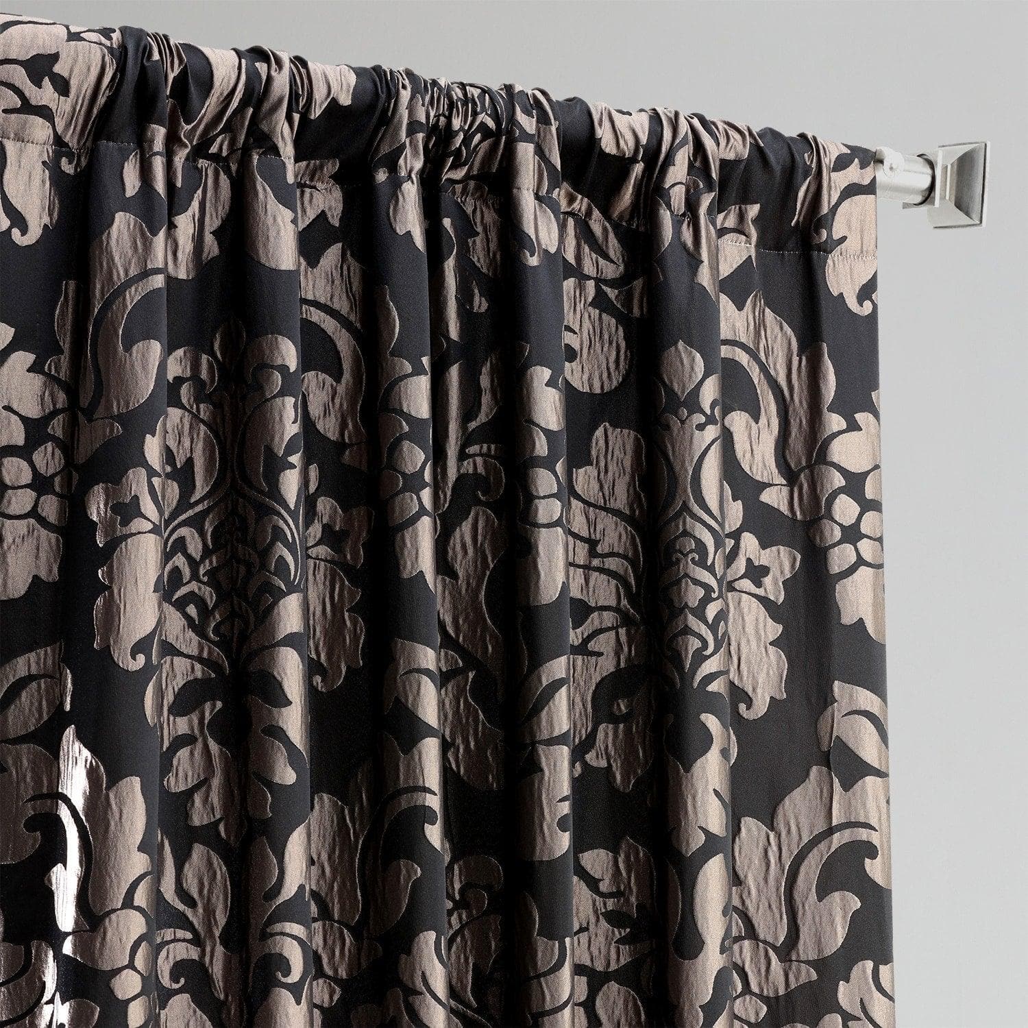 Astoria Black & Pewter Damask Faux Silk Jacquard Blackout Curtains - Elegant Window Treatment for Bedroom & Living Room