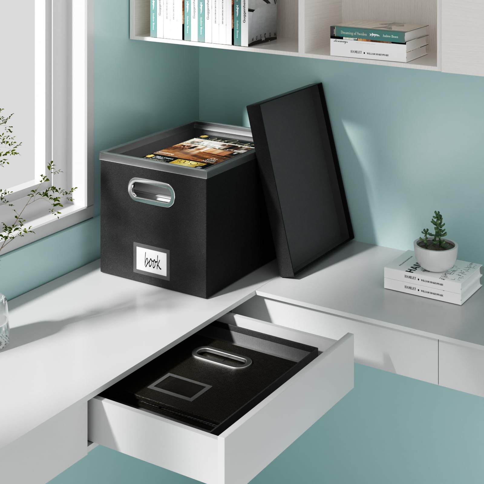 Black File Storage Box with Lid - 13.2x10.1x10.1 Inch Hanging File Organizer Box (4-Pack) - Durable Plastic Frame for Office, Home & School Document Organization - Perfect for Filing Cabinets, Desks & Storage Closets