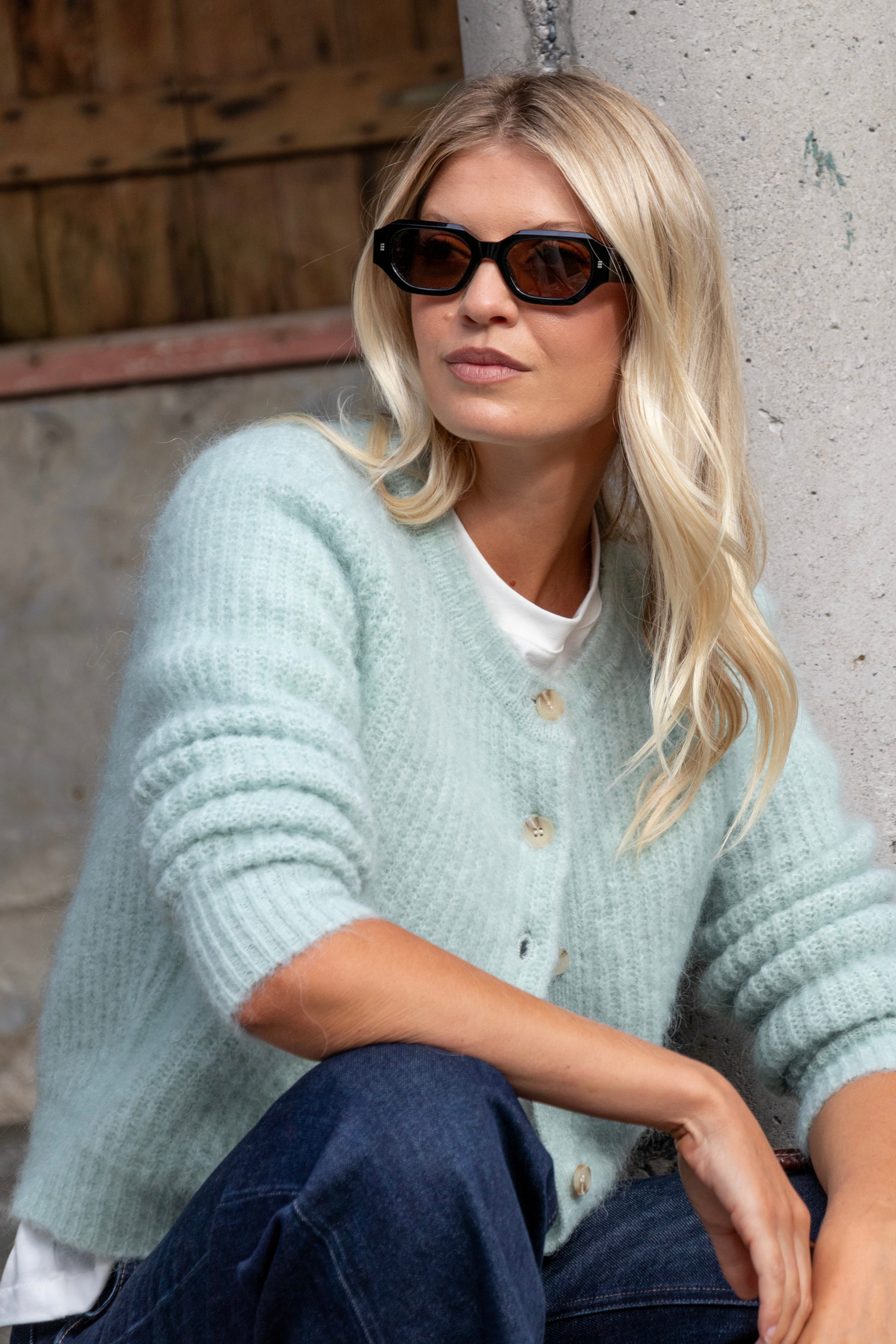 Stylish Compound Sea Foam Mohair Blend Crewneck Cardigan - Soft Chunky Knit Sweater for Women | Perfect for Fall & Winter Layering, Casual Outfits, and Cozy Home Wear