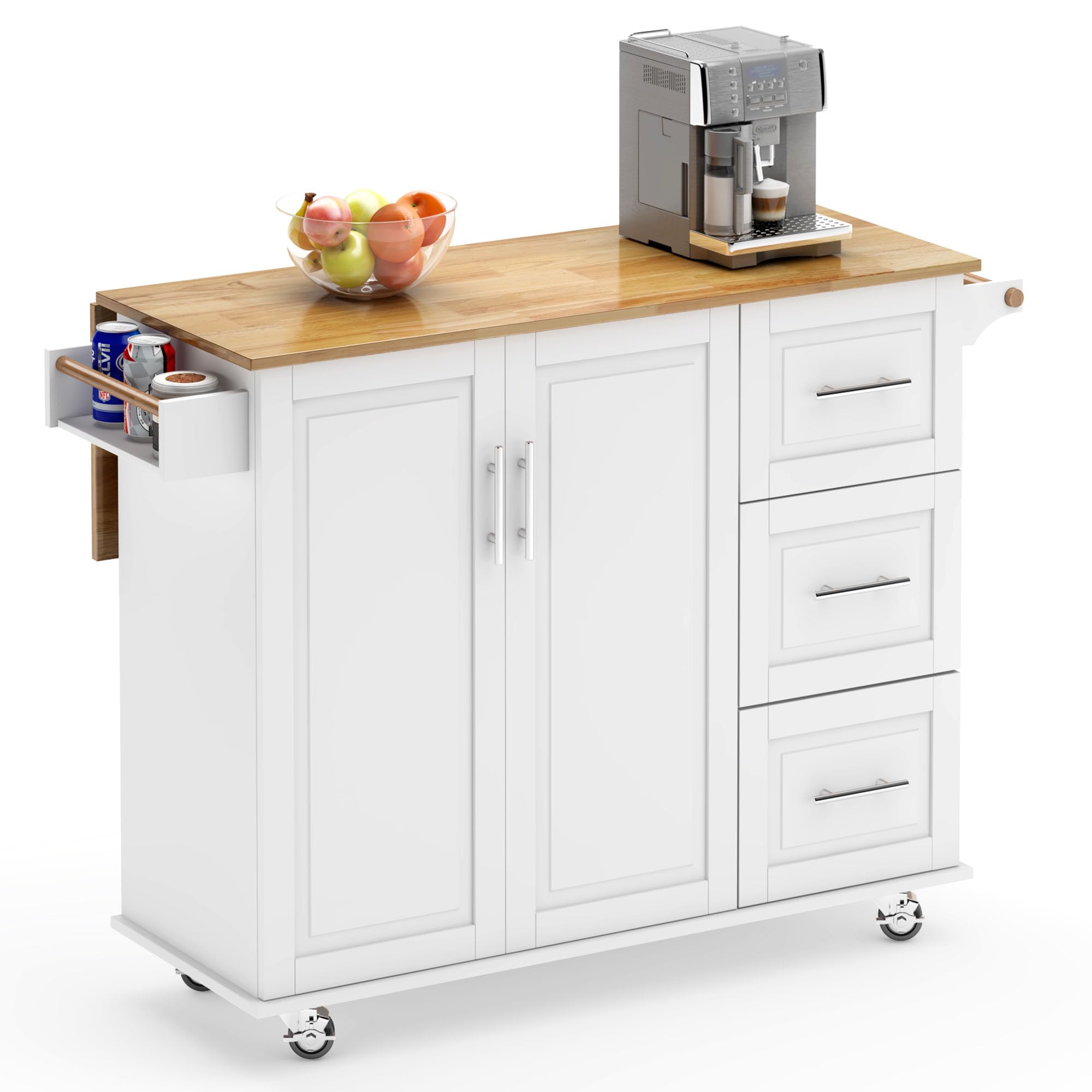 Soges Mobile Kitchen Island with Storage & Drop Leaf - Rolling Kitchen Cart with 3 Drawers, Large Cabinets & Adjustable Shelves - White - Perfect for Small Kitchens, Apartments & Food Prep Stations