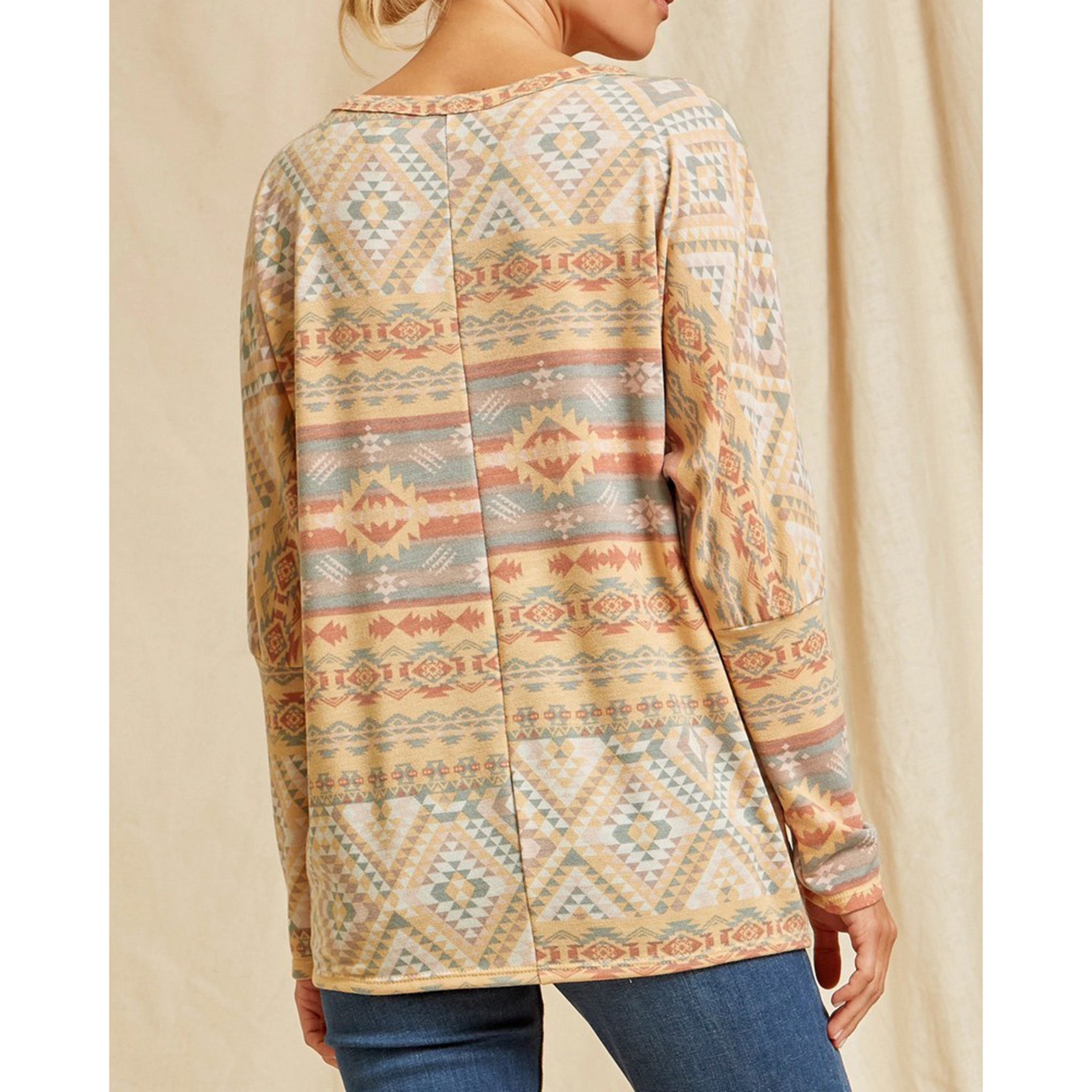 Andree Unit Women's Marigold and Blue Aztec Print Blouse - Stylish Boho Chic Tunic Top for Casual Wear, Beach Outfits & Summer Vacations