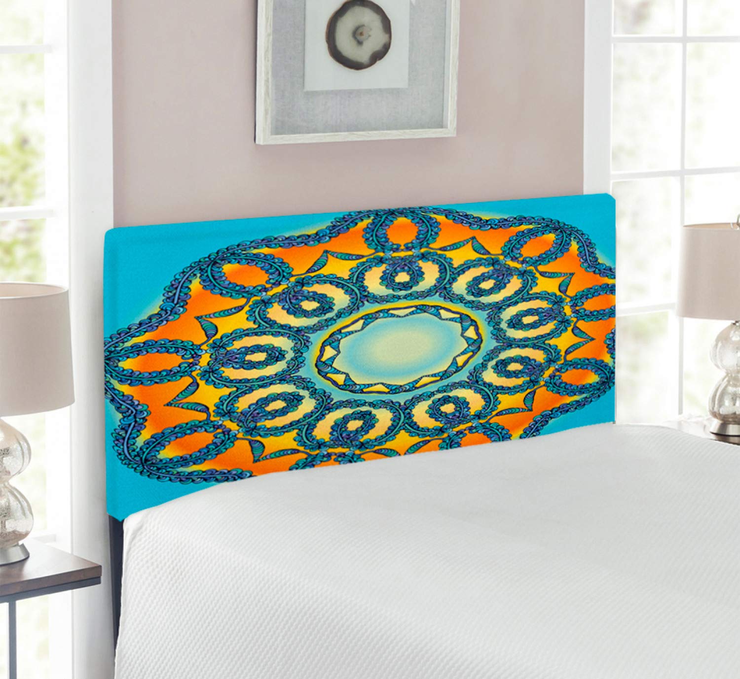 Ambesonne Mandala Upholstered Headboard - Traditional Oriental Design with Interlace Swirl Pattern, Twin Size Metal Bed Frame with Memory Foam in Orange & Blue - Perfect for Boho Bedroom Decor and Meditation Spaces