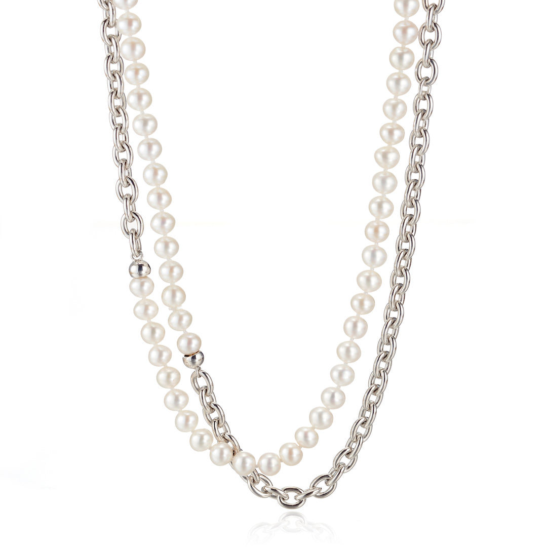 6mm Pearl & Sterling Silver Link Necklace - Elegant Jewelry for Women, Perfect for Weddings, Parties & Everyday Wear