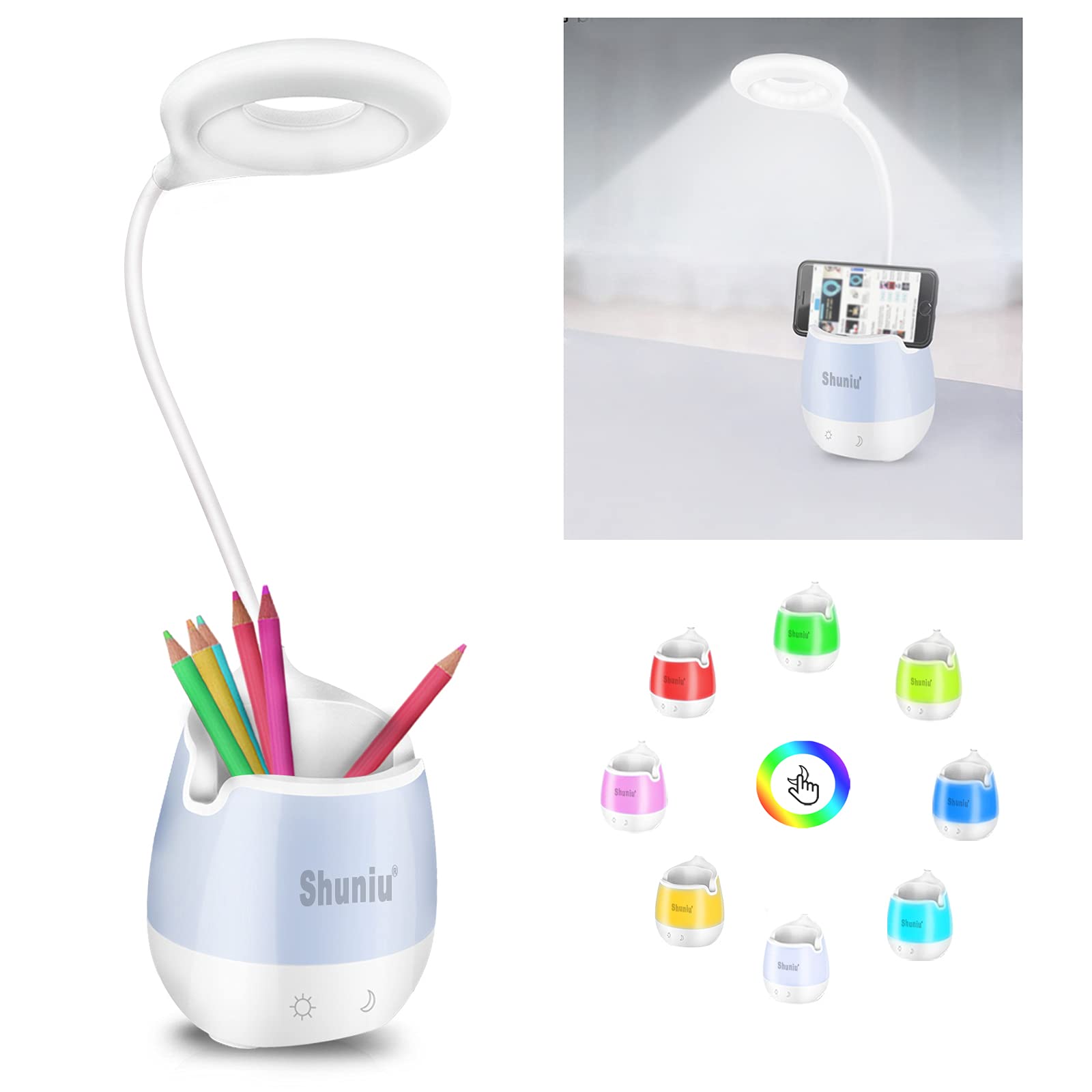 Shuniu 20 LED Dimmable Desk Lamp with Touch Control - Adjustable Gooseneck Table Lamp with 3 Brightness Levels & 12 Color Modes, Built-in Pen Holder - Perfect for Kids Room, Study, Office, Reading & Night Light
