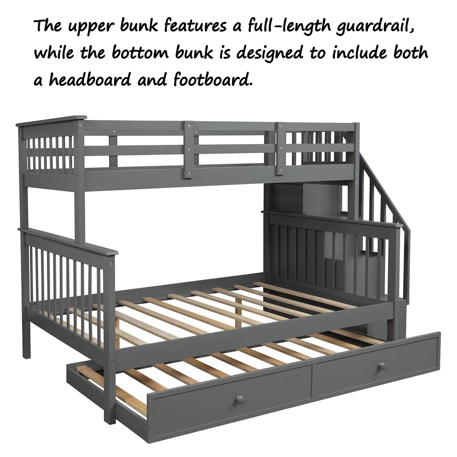 P PURLOVE Twin Over Full Bunk Bed with Twin Trundle - Sturdy Bunk Bed Frame with Stairway Storage & Safety Rails - Space Saving Solution for Bedroom, Dorm, Kids Room & Small Spaces (Gray) - Perfect for Sleepovers, Guest Rooms & Shared Bedrooms
